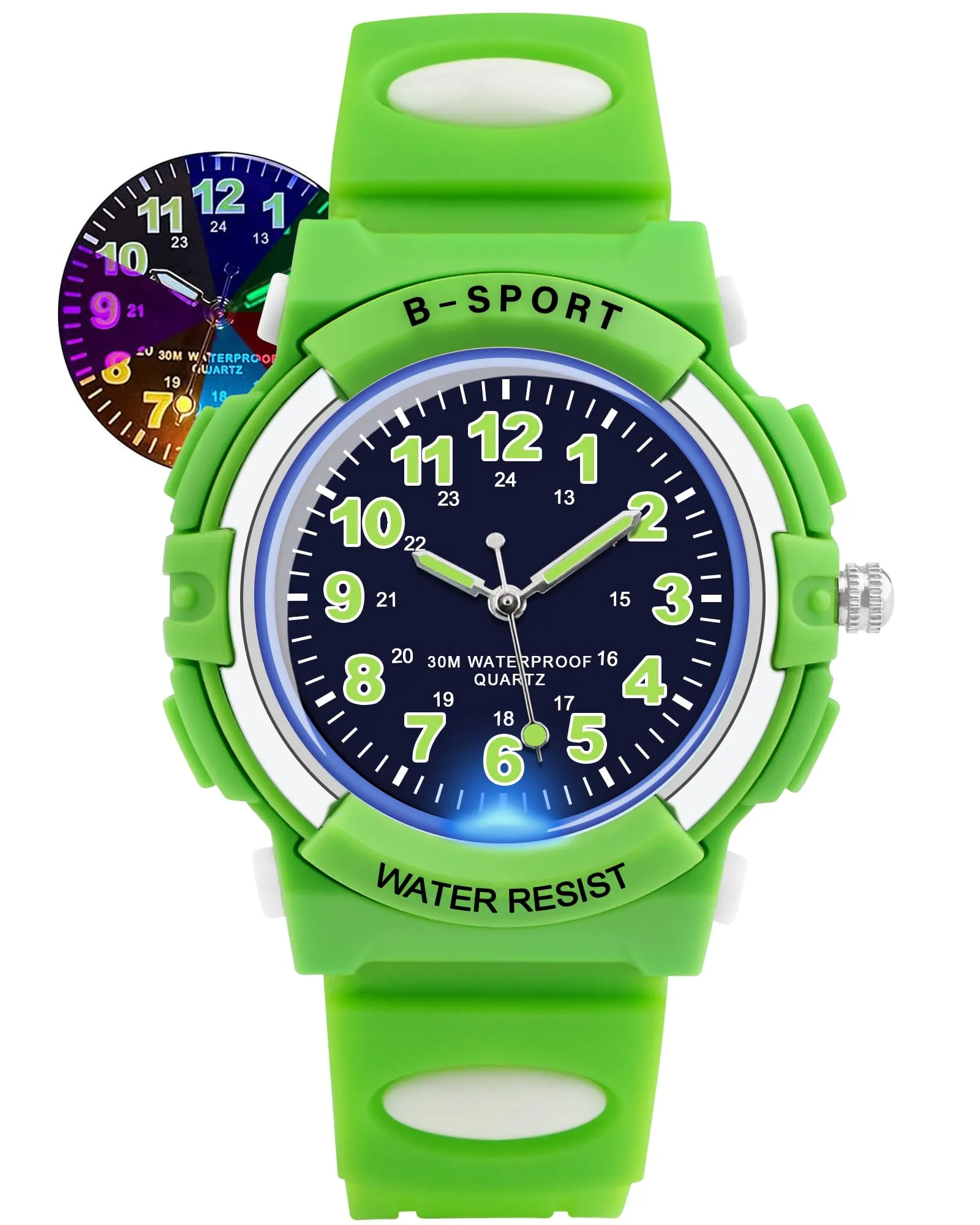 DTKID Orologio Analogico per Bambini, 7 Luci Colorate, Impermeabile 3 ATM, Cinturino Morbido - immagine 1