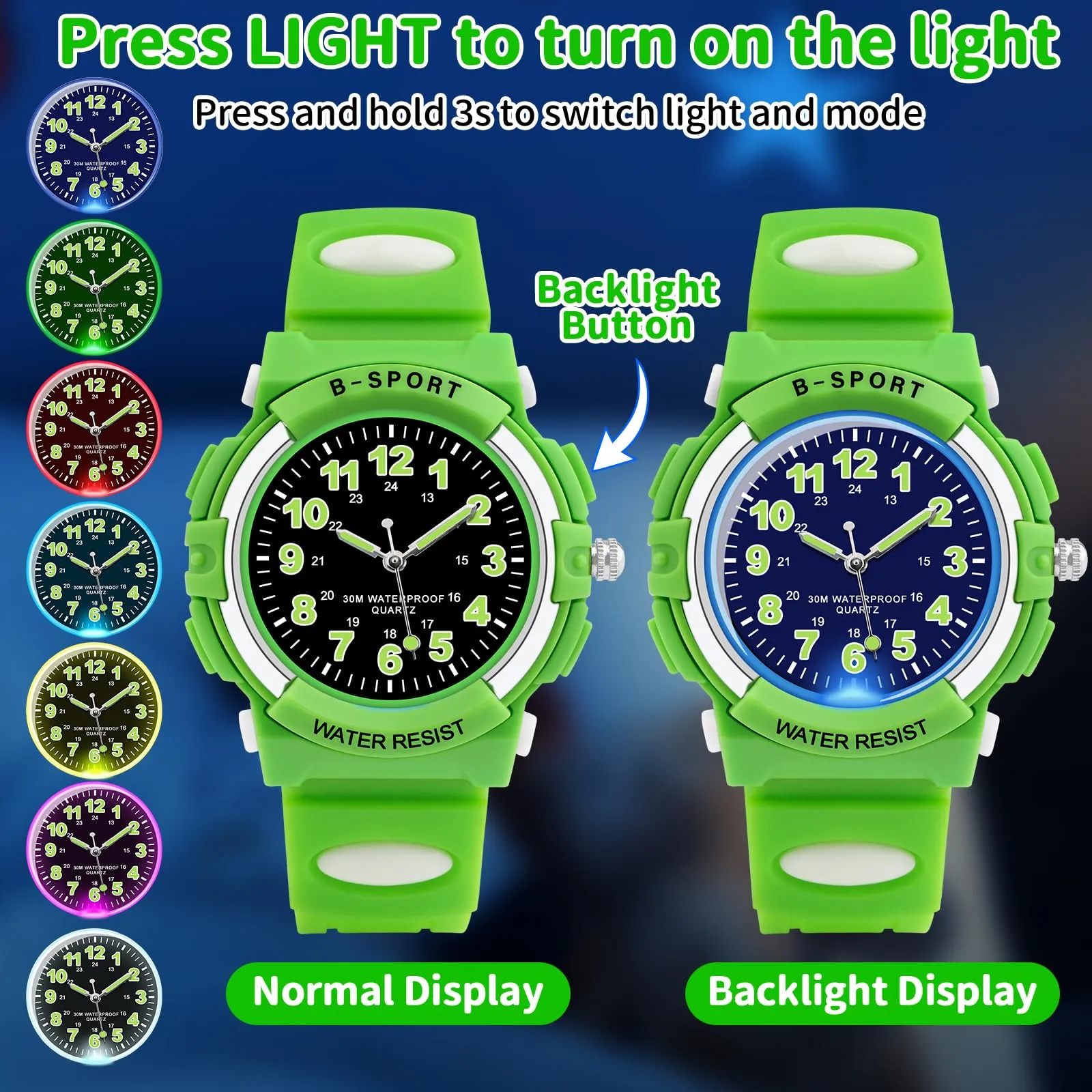 DTKID Orologio Analogico per Bambini, 7 Luci Colorate, Impermeabile 3 ATM, Cinturino Morbido - immagine 2
