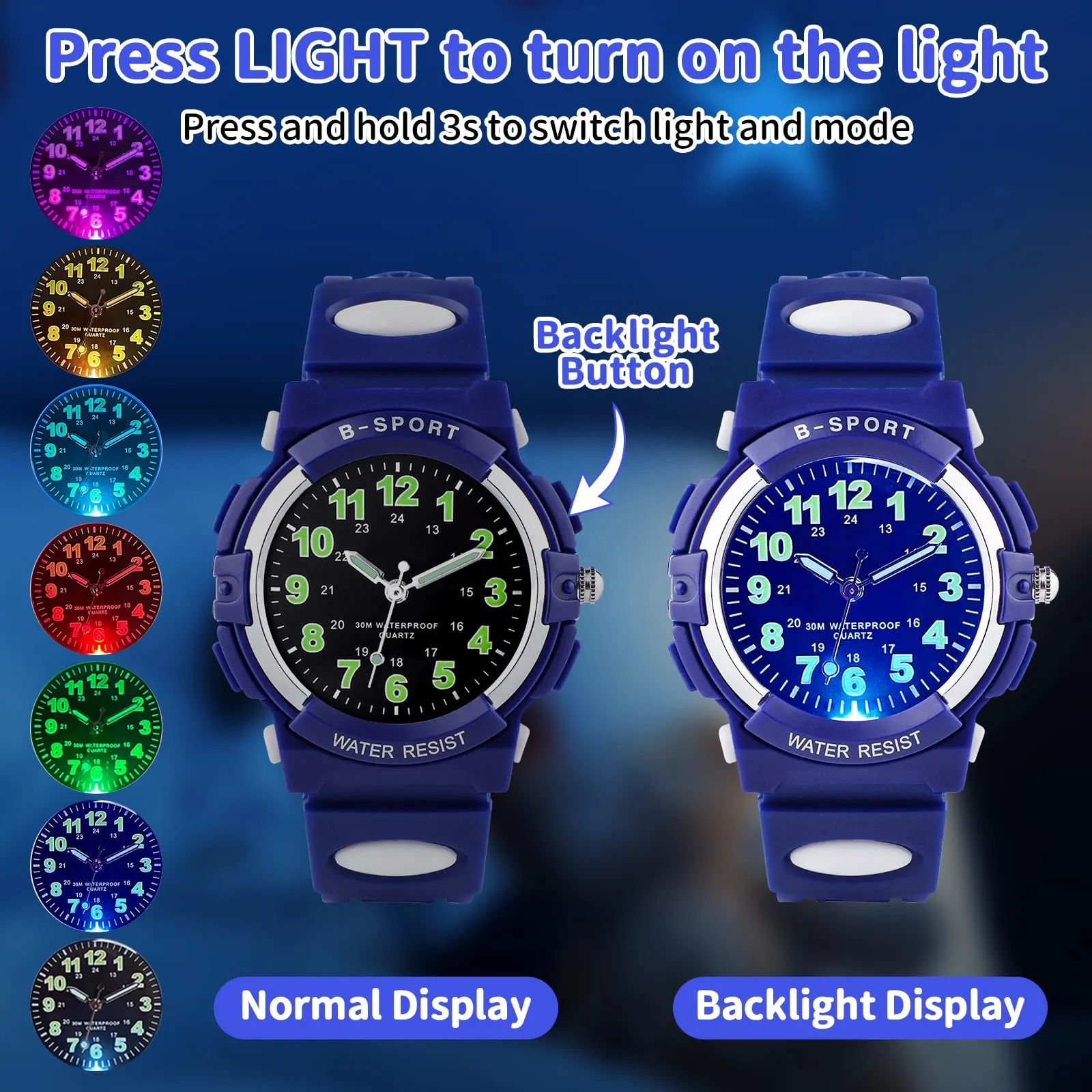 DTKID Orologio Bambini Analogico, Luci 7 Colori, Impermeabile 3 ATM - immagine 2