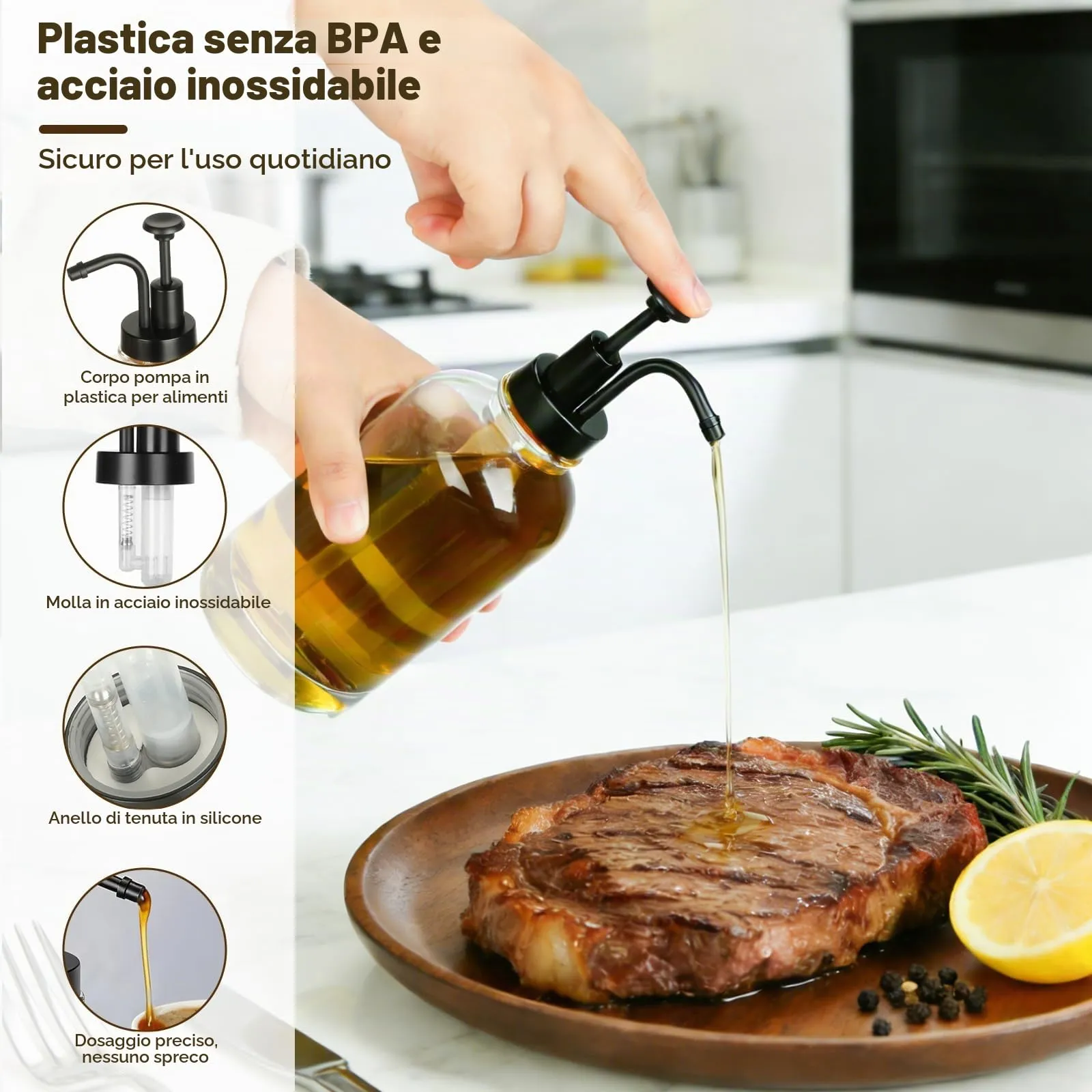 VINATO Distributore Sciroppo e Miele in Vetro, Set 3x500ml con Pompa, Vassoio in Bambù ed Etichette - immagine 2