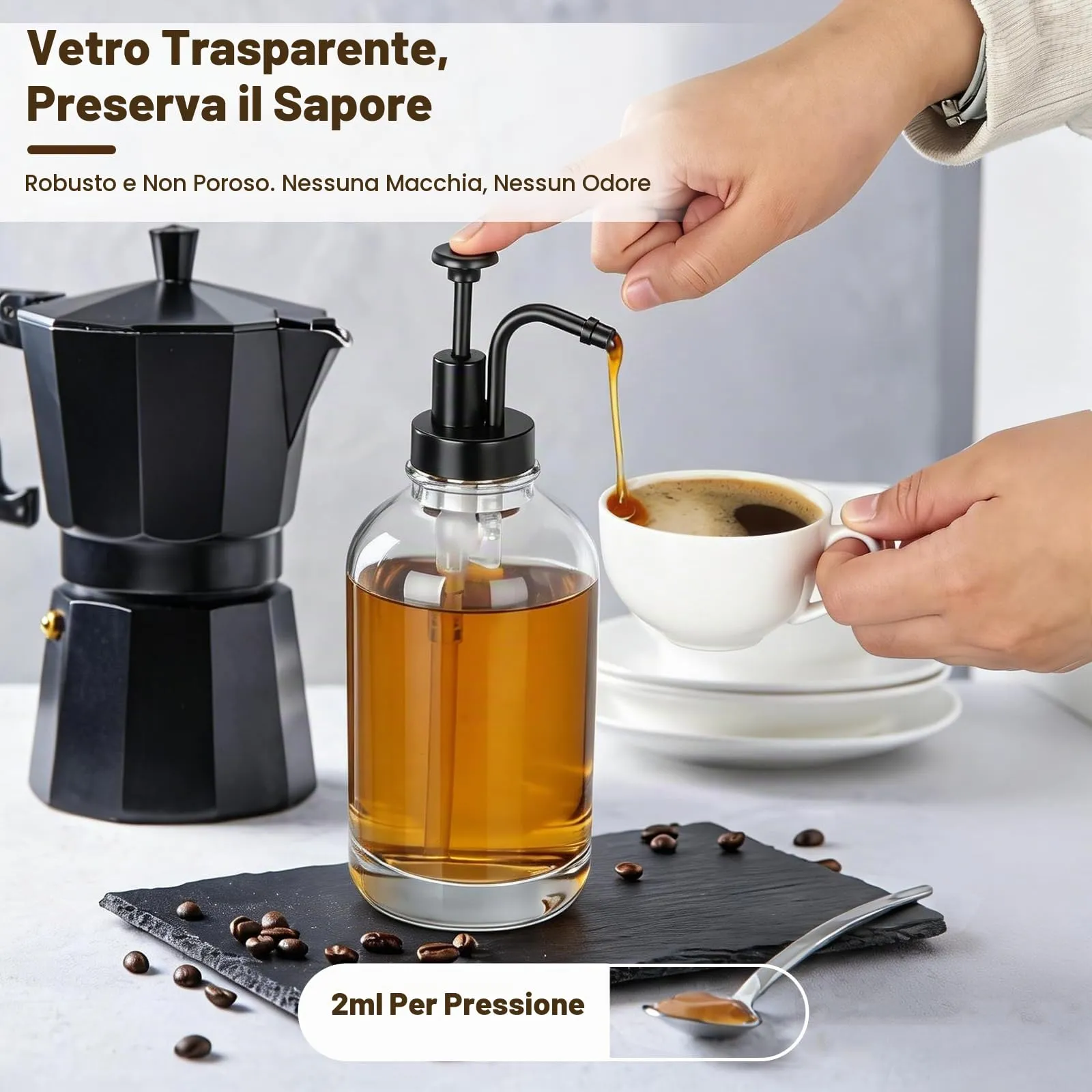 VINATO Distributore Sciroppo e Miele in Vetro, Set 3x500ml con Pompa, Vassoio in Bambù ed Etichette - immagine 3