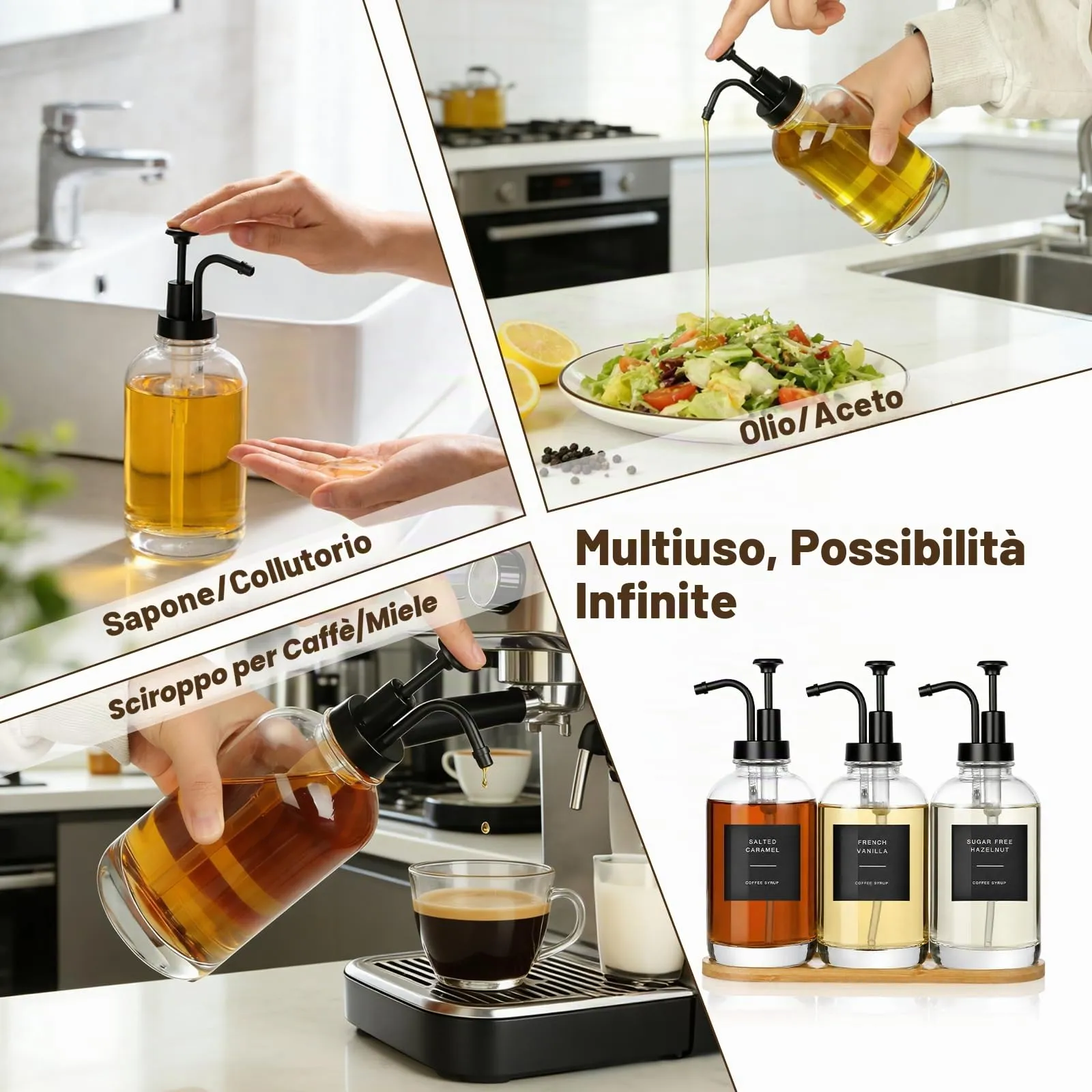 VINATO Distributore Sciroppo e Miele in Vetro, Set 3x500ml con Pompa, Vassoio in Bambù ed Etichette - immagine 4