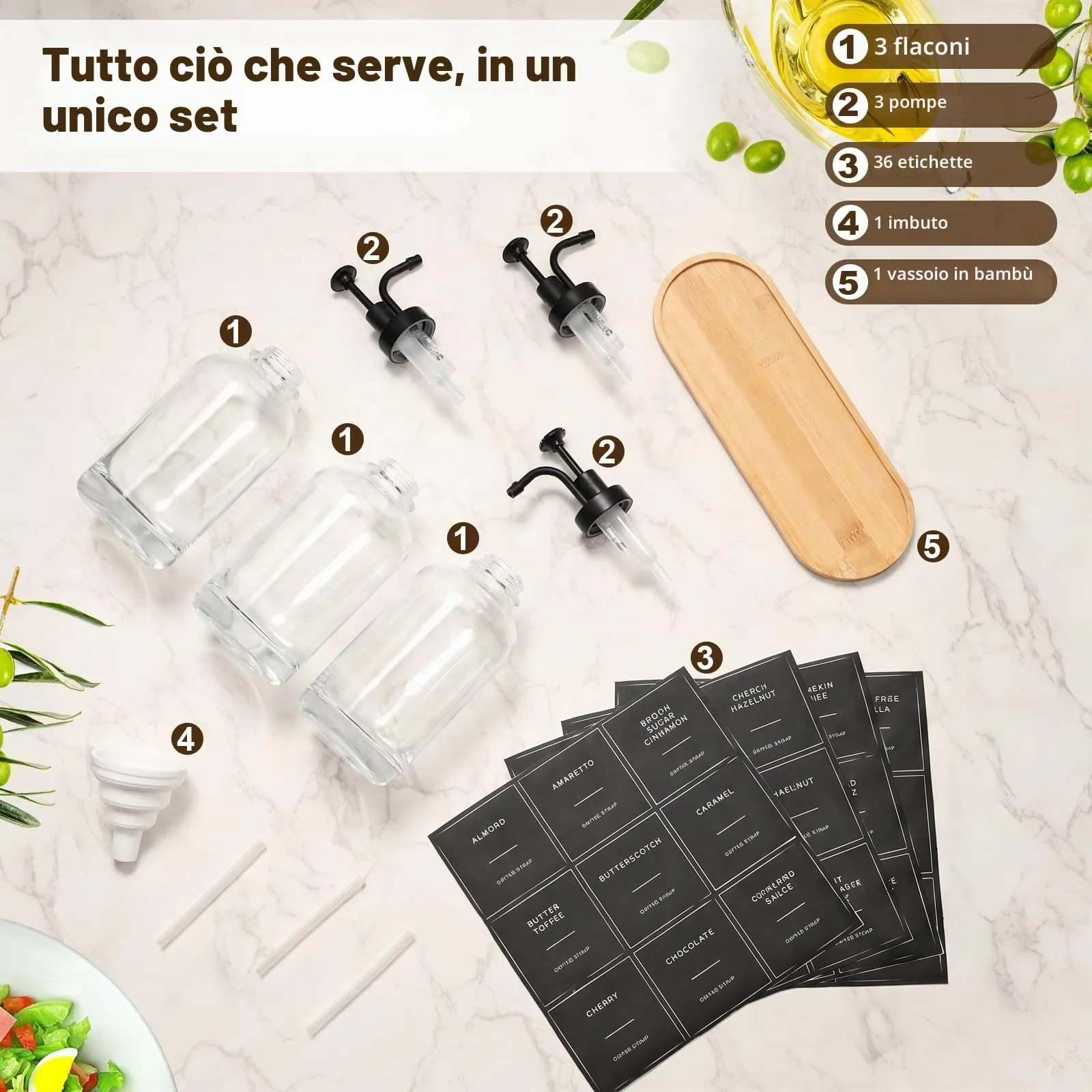 VINATO Distributore Sciroppo e Miele in Vetro, Set 3x500ml con Pompa, Vassoio in Bambù ed Etichette - immagine 5