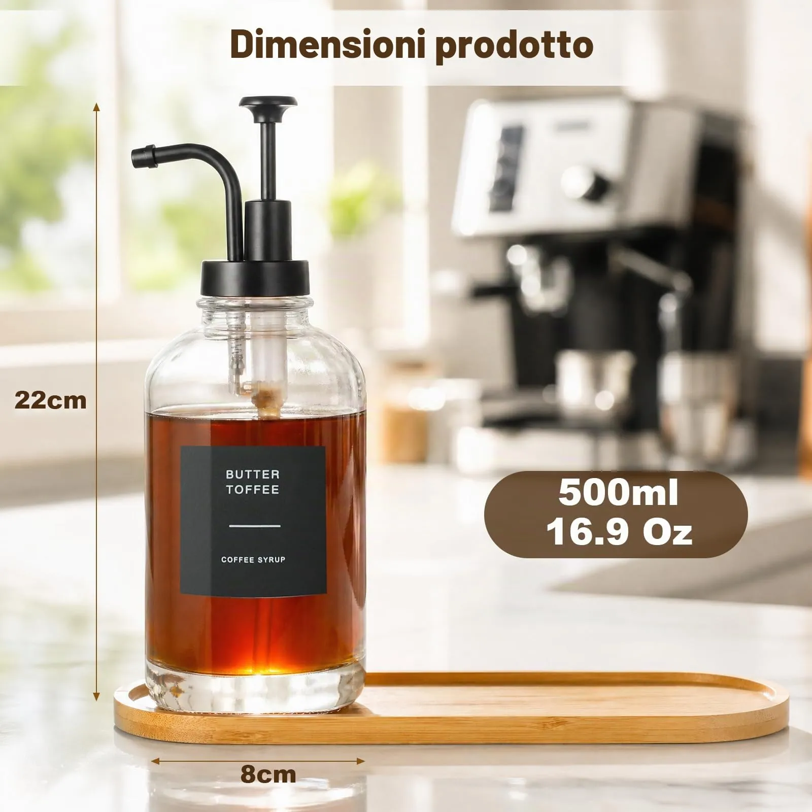 VINATO Distributore Sciroppo e Miele in Vetro, Set 3x500ml con Pompa, Vassoio in Bambù ed Etichette - immagine 6