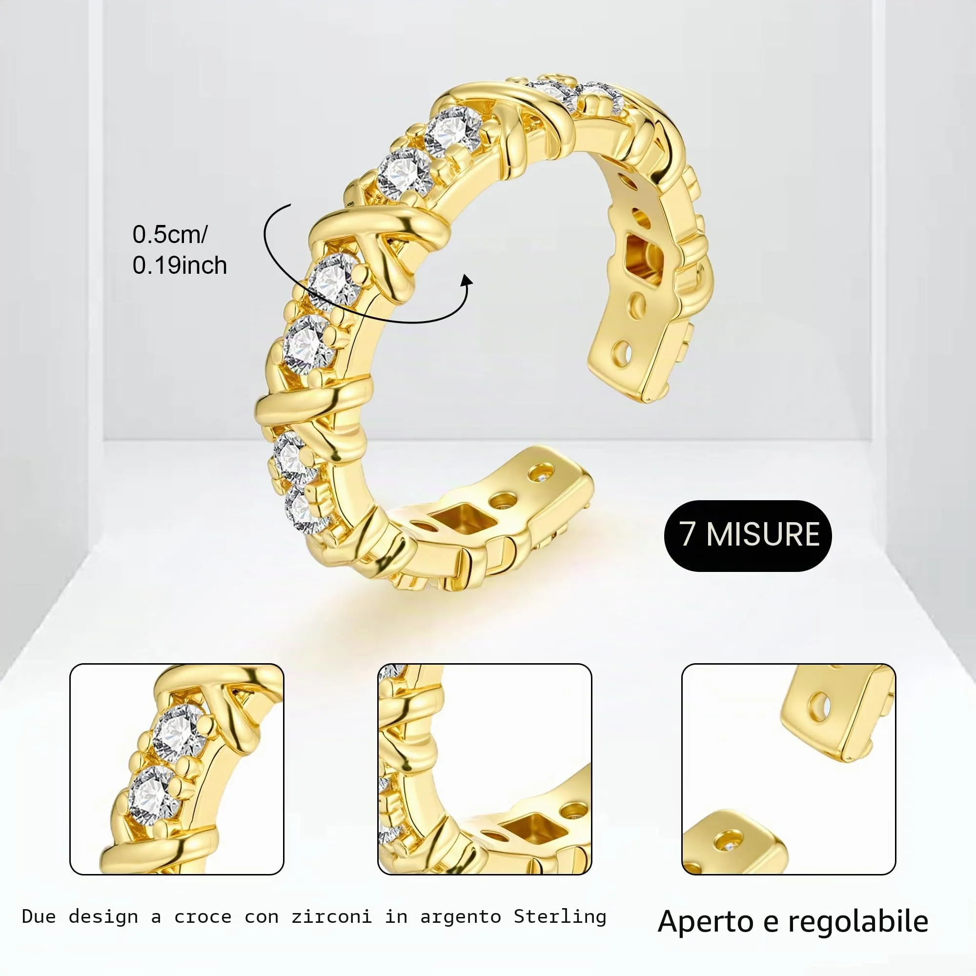 ALEXCRAFT Anello Oro 14K Placcato Regolabile con Zirconi R0291 - immagine 3