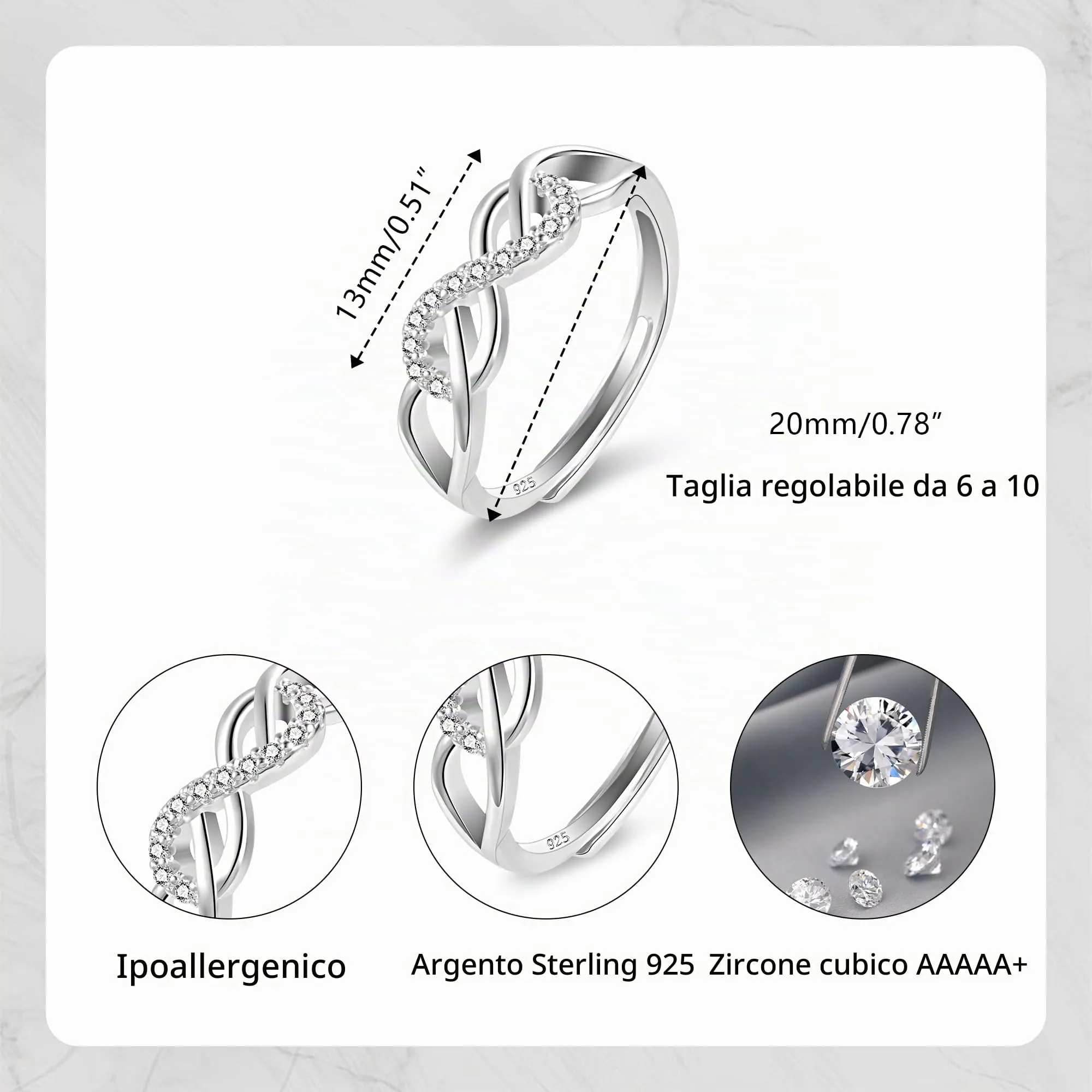 ALEXCRAFT Anello in Argento con Zirconi e Cristallo Regolabile - immagine 6