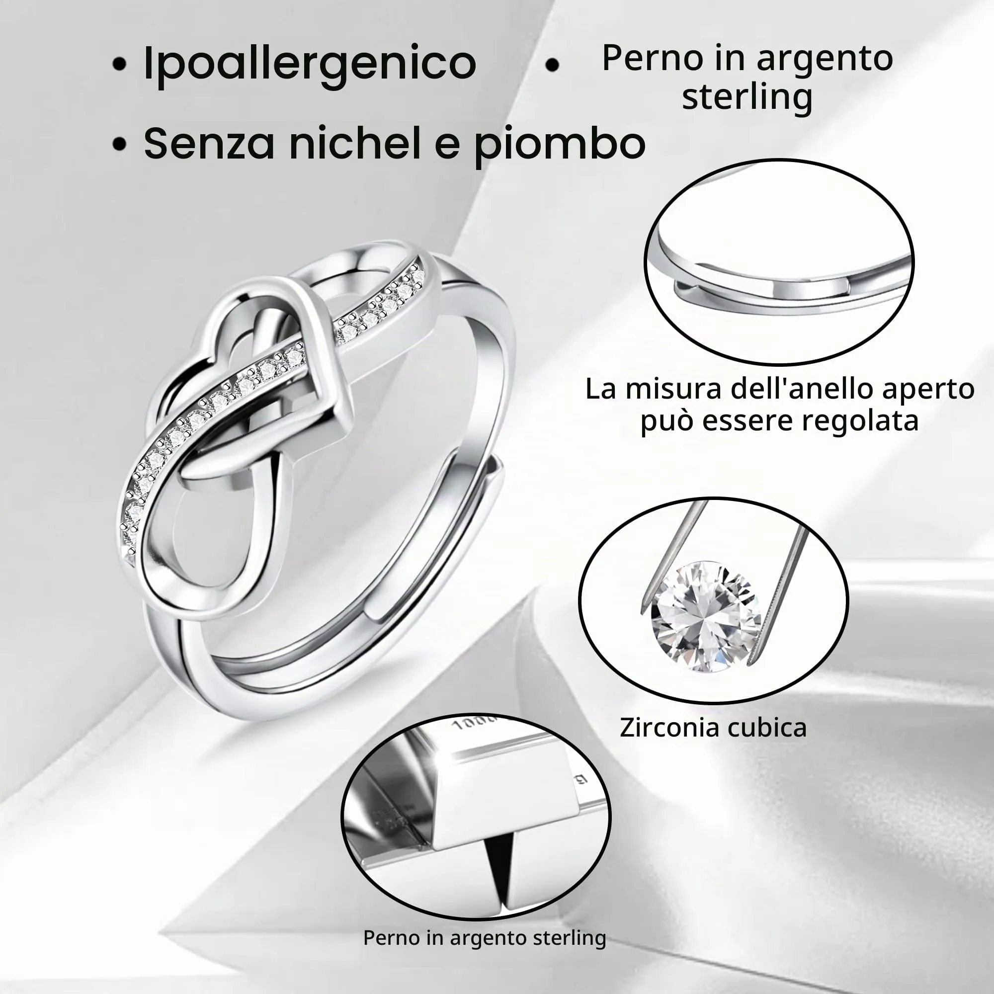 ALEXCRAFT Anello Cuore in Argento con Zirconi e Cristallo, Regolabile, Donna - immagine 6