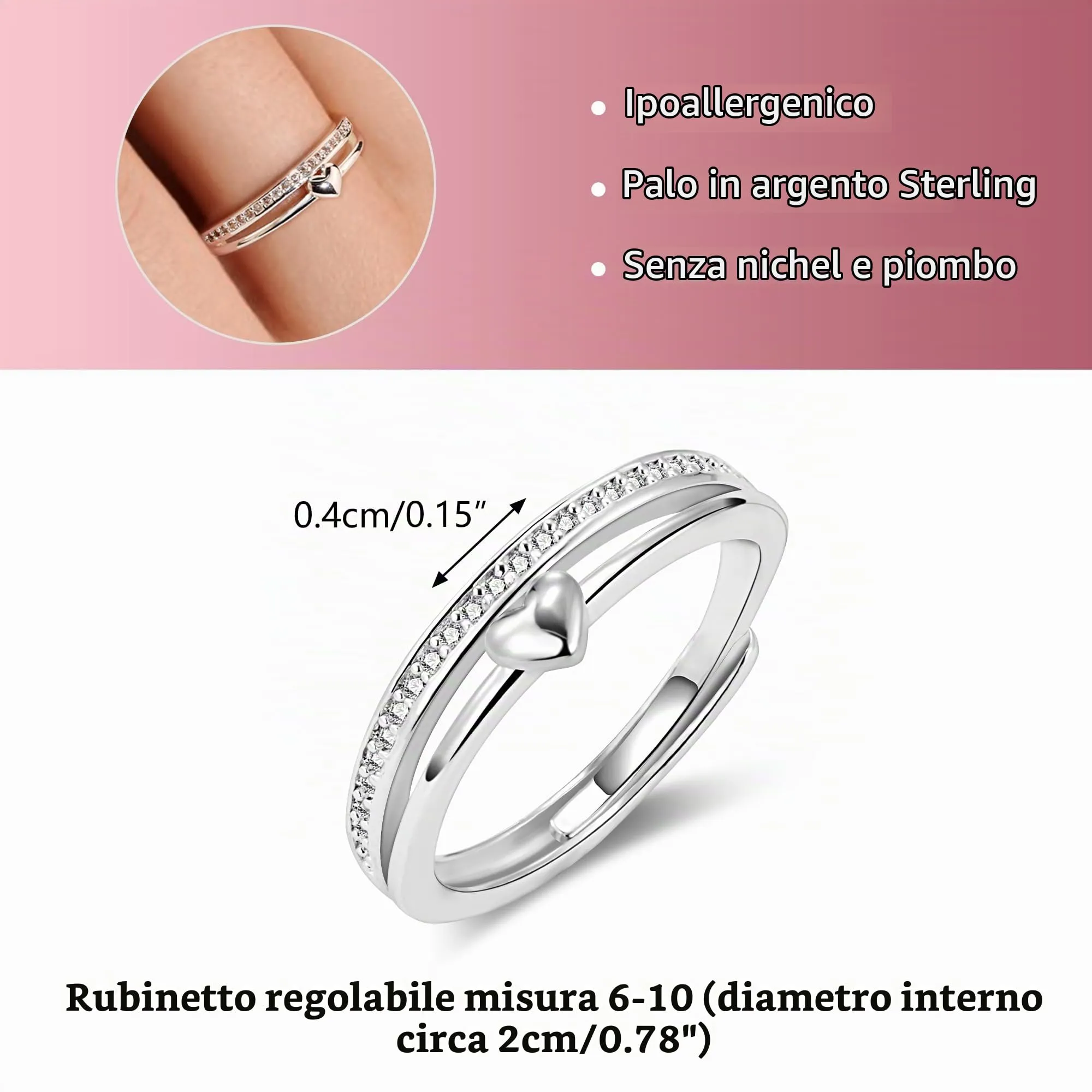 ALEXCRAFT Anello Cuore in Argento con Zirconi Regolabile Vintage - immagine 6