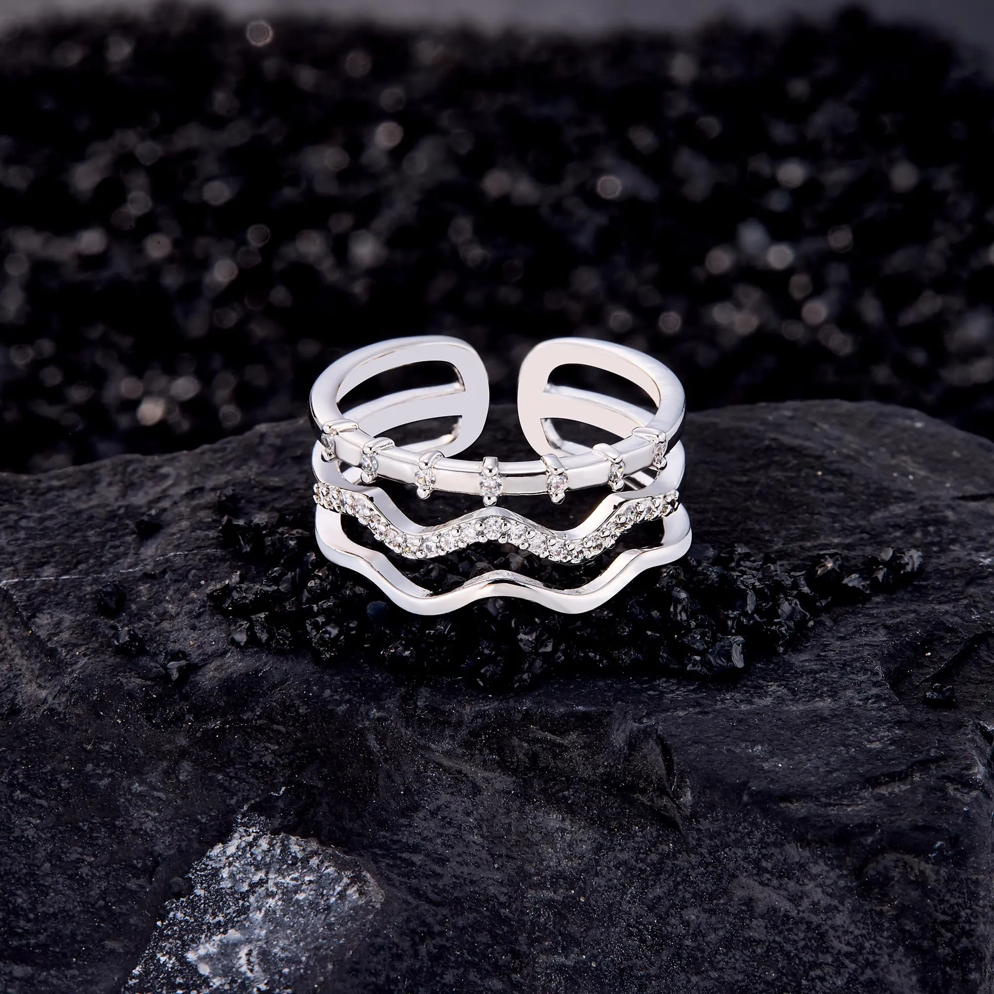 ALEXCRAFT Anello in Argento Aperto con Zirconi Regolabile a Onda per Donna - immagine 5