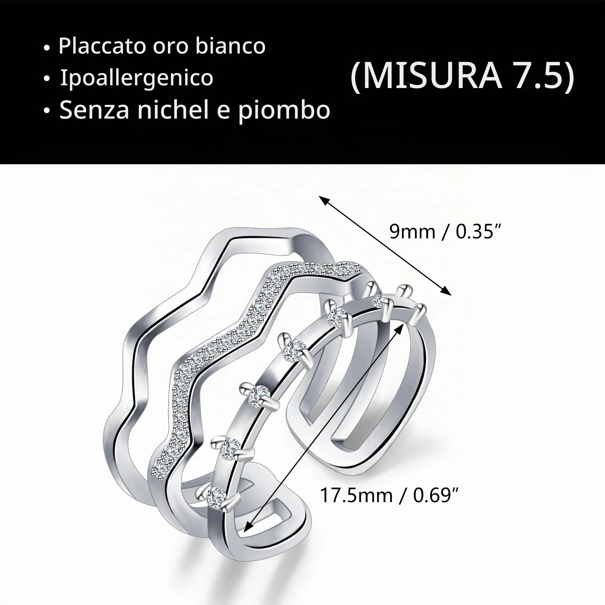 ALEXCRAFT Anello in Argento Aperto con Zirconi Regolabile a Onda per Donna - immagine 6
