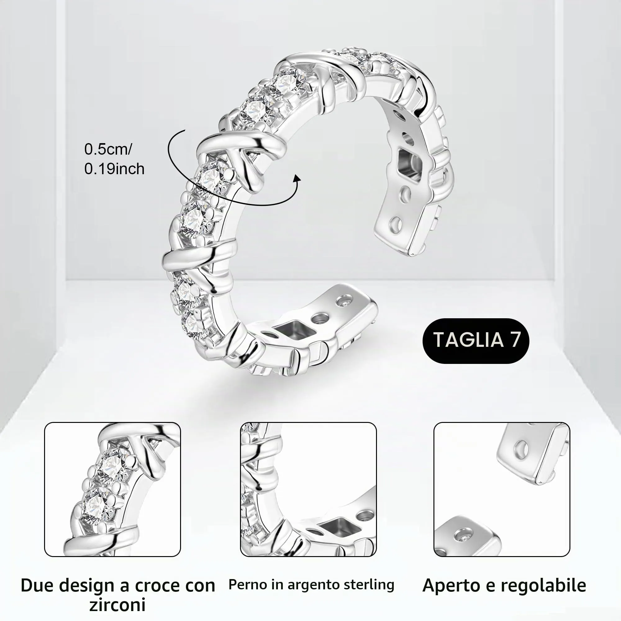 ALEXCRAFT Anello in Argento Regolabile con Zirconi R0292 - immagine 3