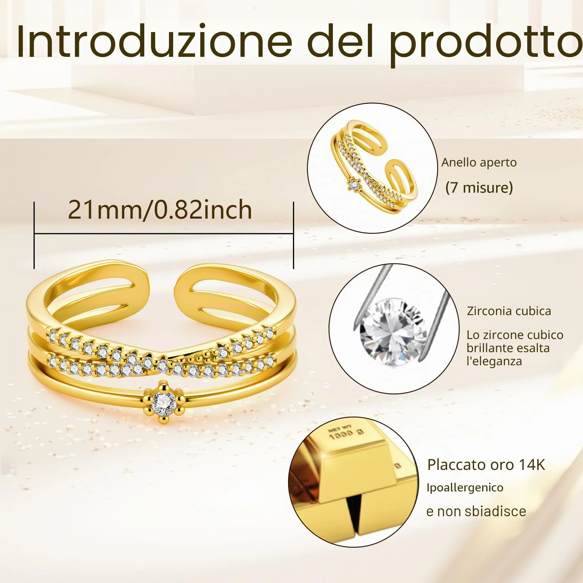 ALEXCRAFT Anello in Oro 14K Placcato con Zirconi Regolabile per Donna - immagine 6