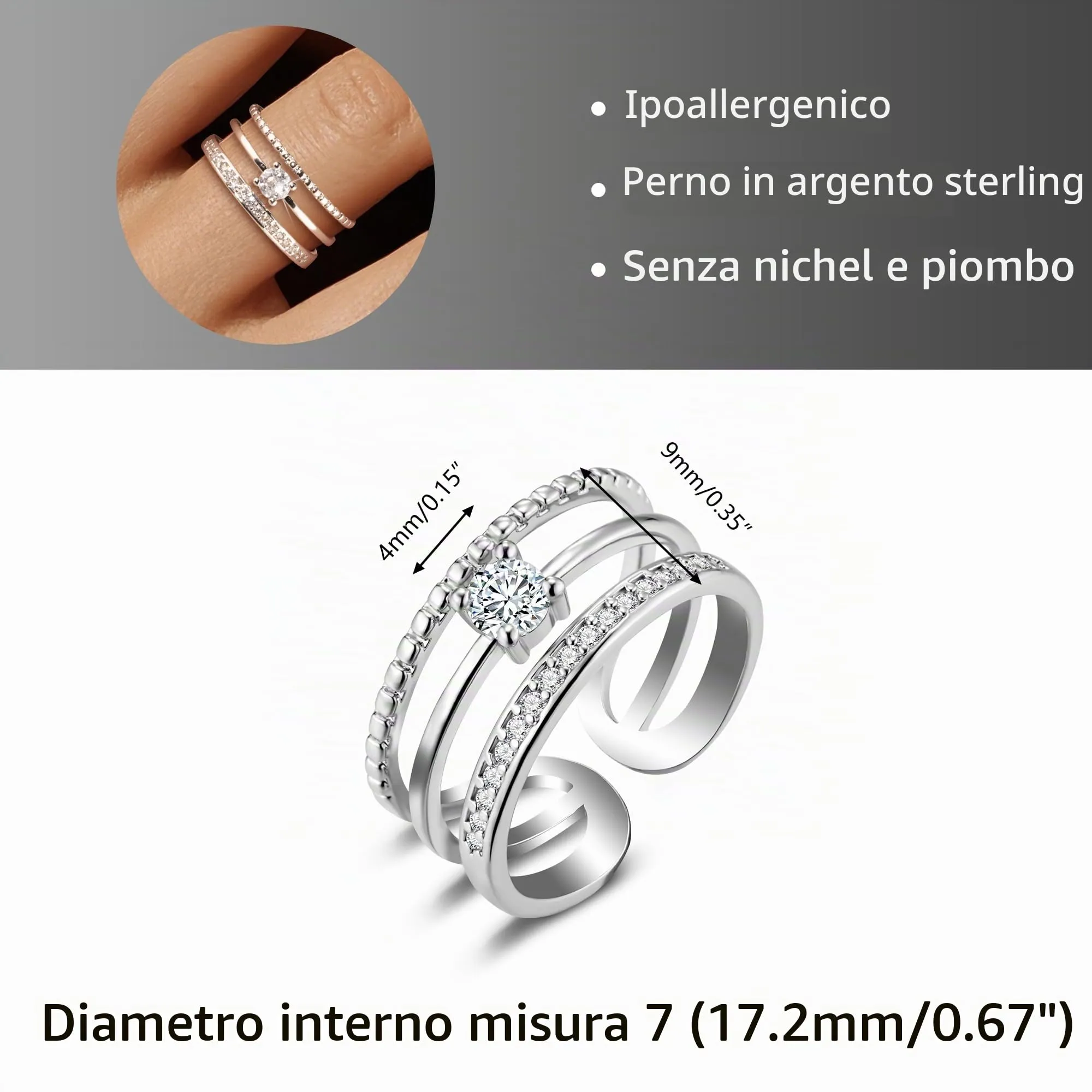 ALEXCRAFT Anello Aperto in Argento con Zirconi Regolabile per Donna - immagine 6