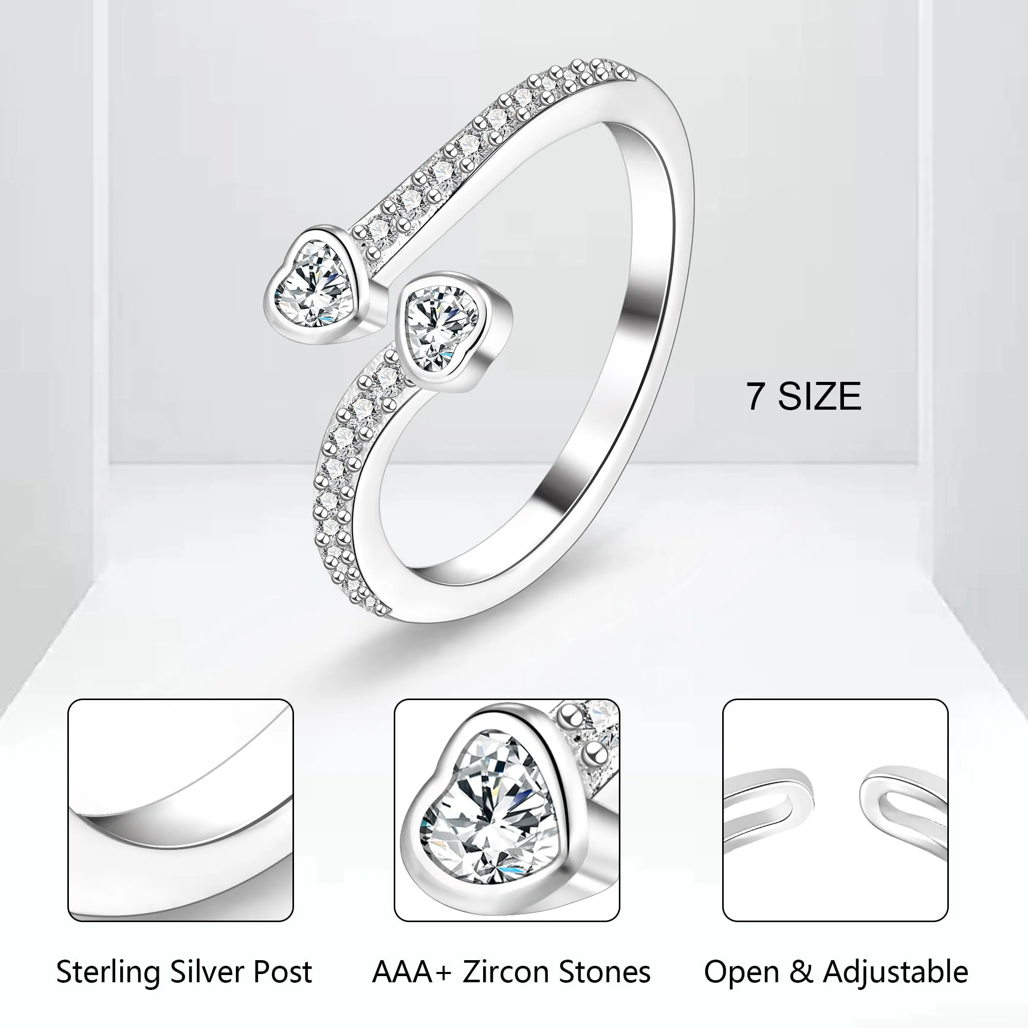 ALEXCRAFT Anello Cuore in Argento con Zirconi Cristallo Regolabile per Donna - immagine 6