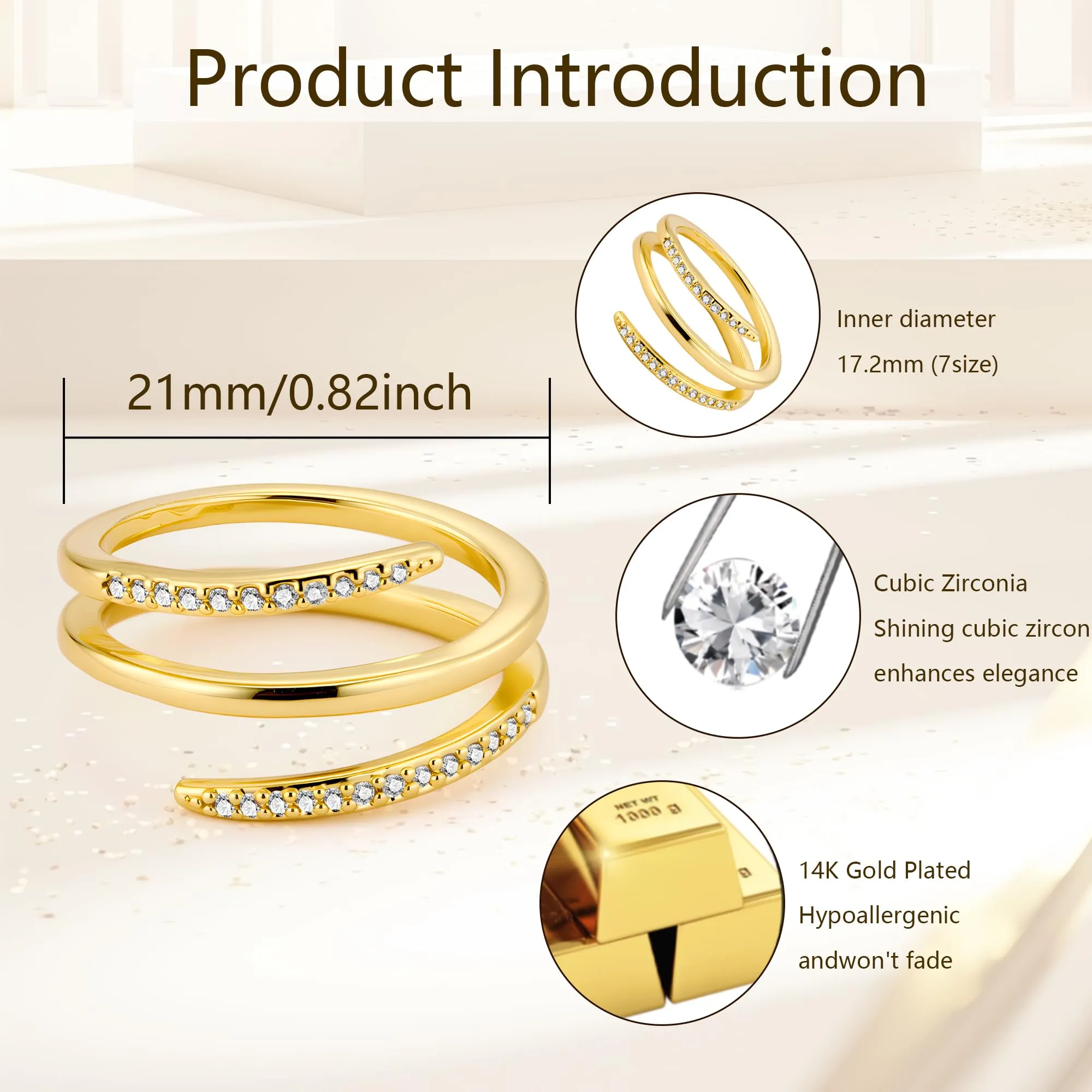 ALEXCRAFT Anello in Oro 14K Placcato a Spirale Regolabile con Zirconi per Donna - immagine 7