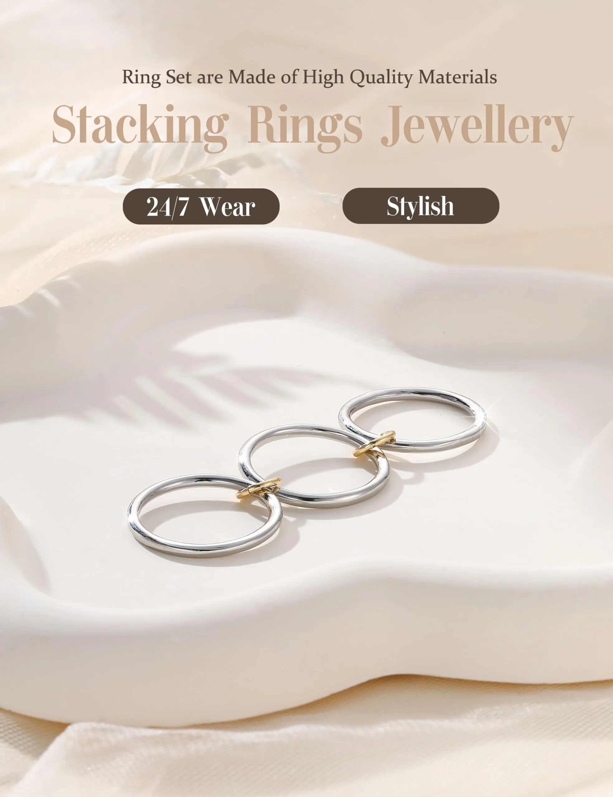 KRFY Set Anelli Donna 14K Placcato Oro e Argento con Zirconia Cubica, Impermeabile, 3 Pezzi - immagine 6