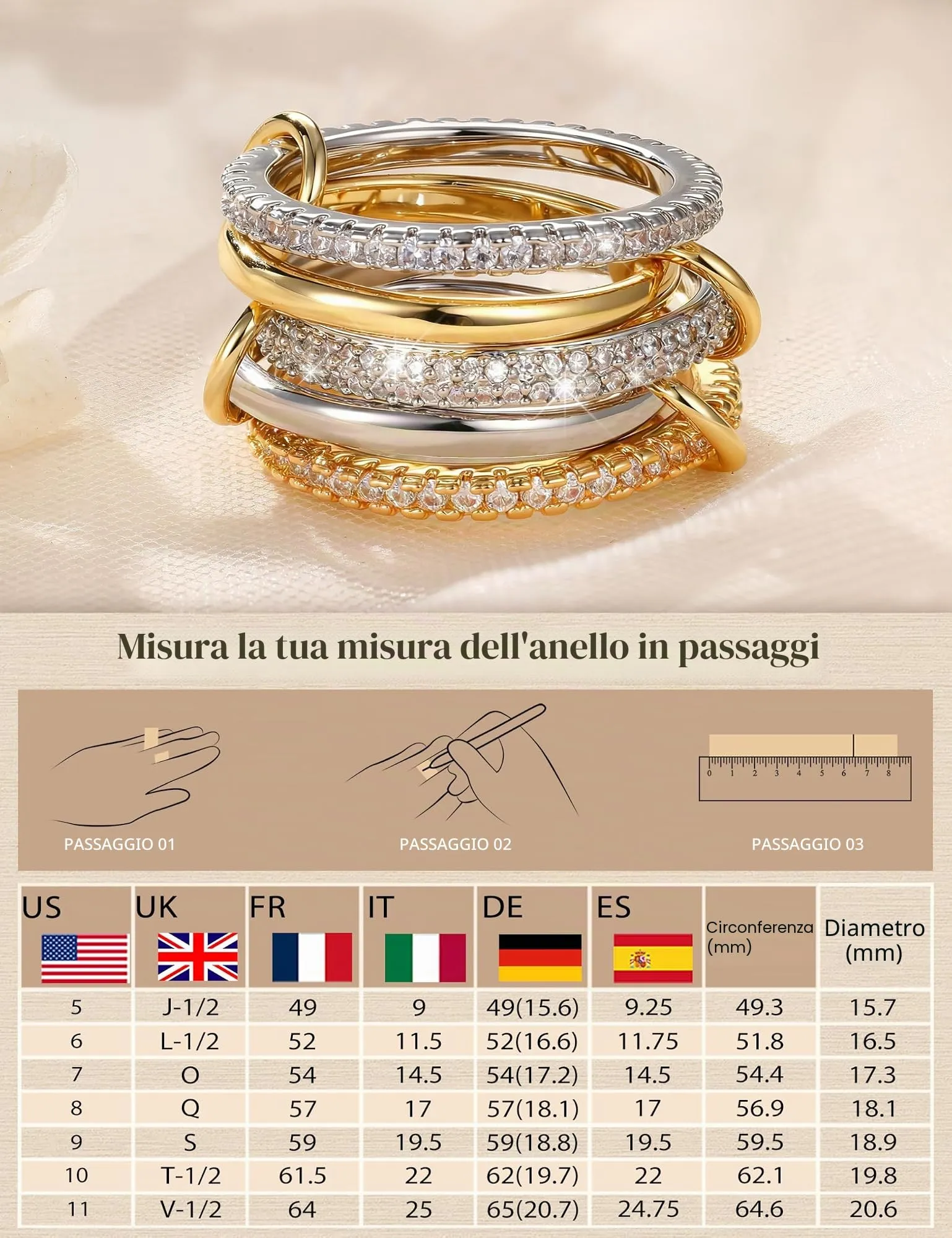 KRFY Set Anelli Donna 14K Placcato Oro e Argento con Zirconia Cubica, Impermeabile, 5 Pezzi (5P7) - immagine 5
