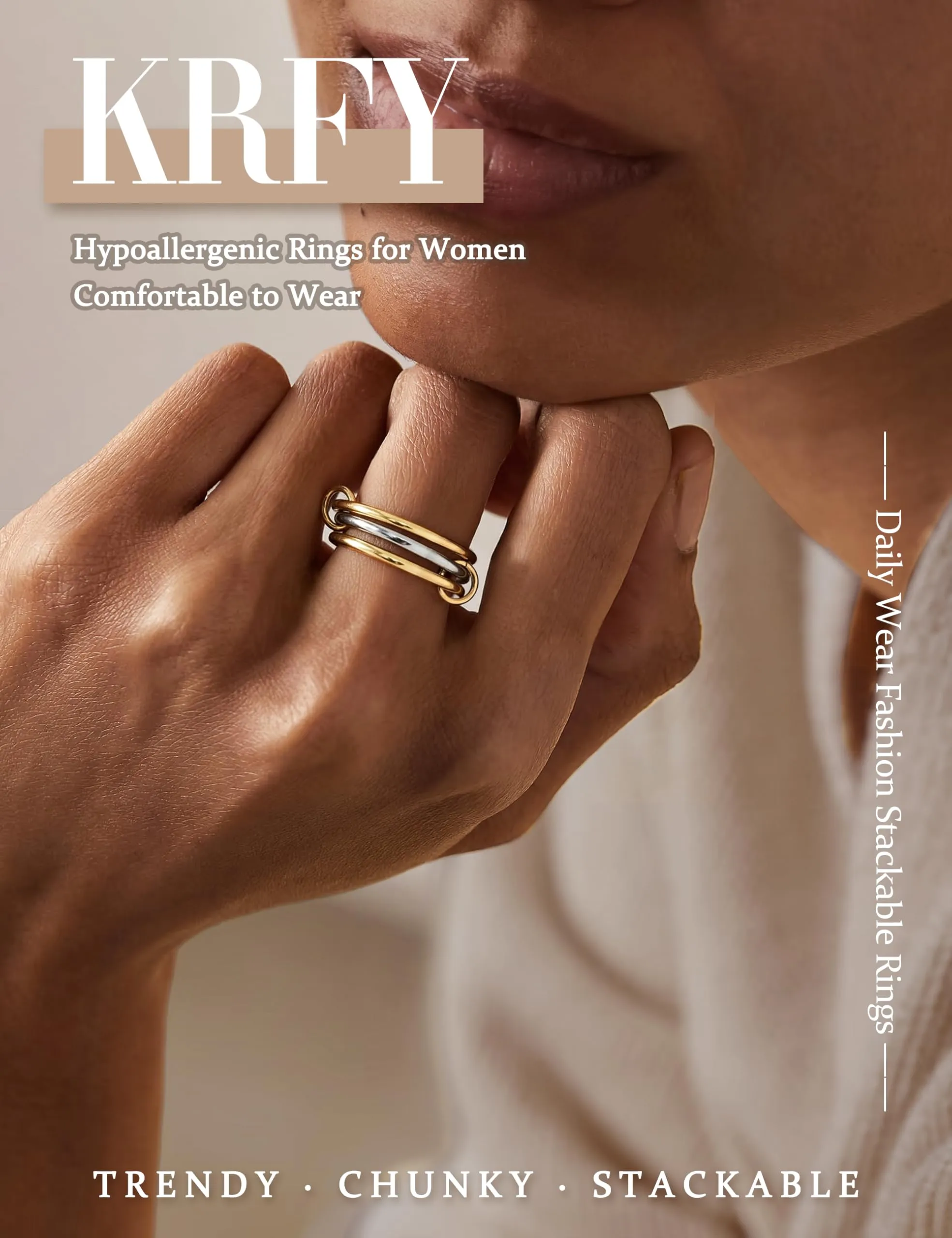 KRFY Set di 3 Anelli Donna in Oro e Argento, 14K Placcato Oro con Zirconia Cubica, Impermeabili 3PG11 - immagine 2