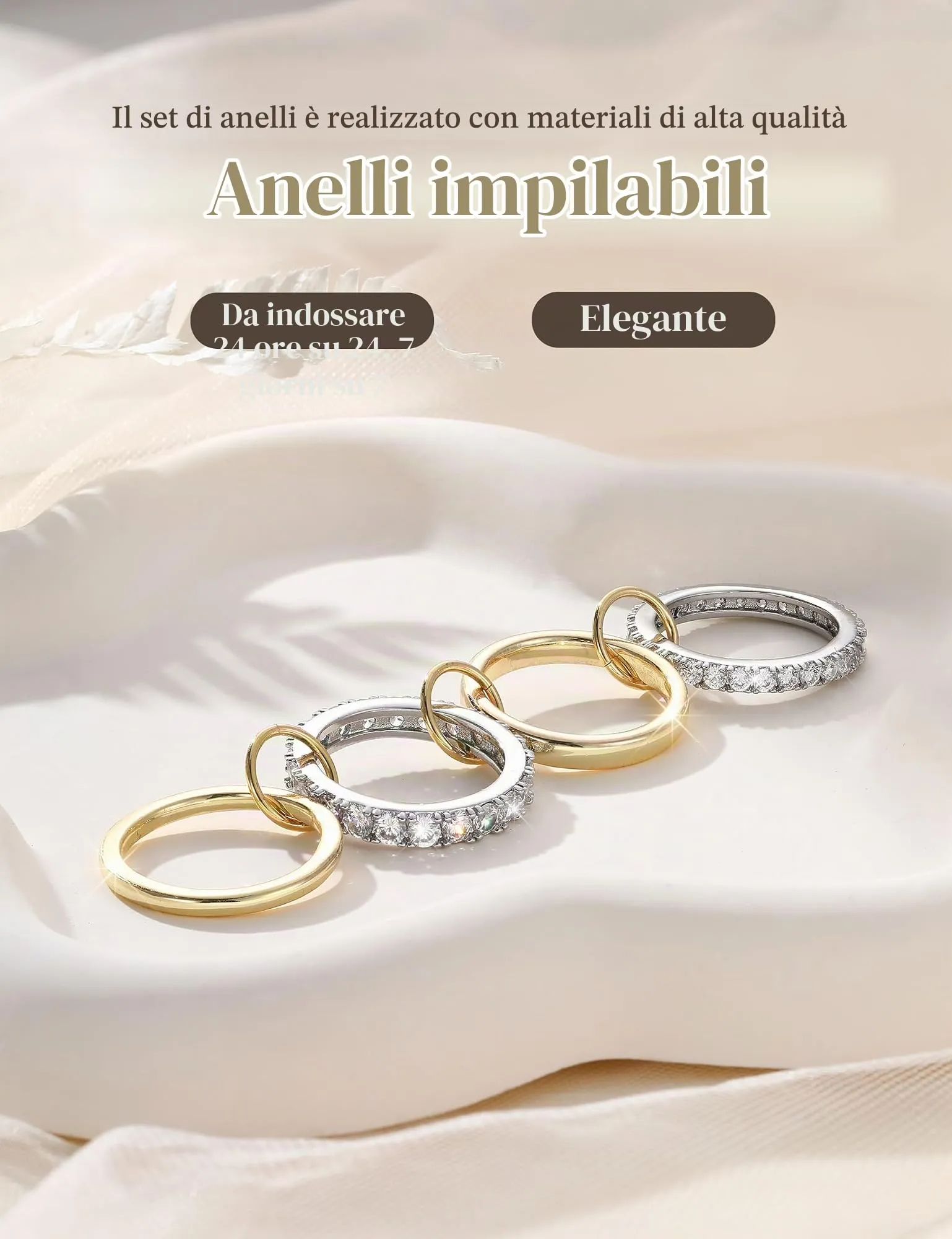 KRFY Set Anelli Donna 14K Placcato Oro e Argento con Zirconia Cubica, Impermeabili, 4 Pezzi, Modello 4P7 - immagine 6