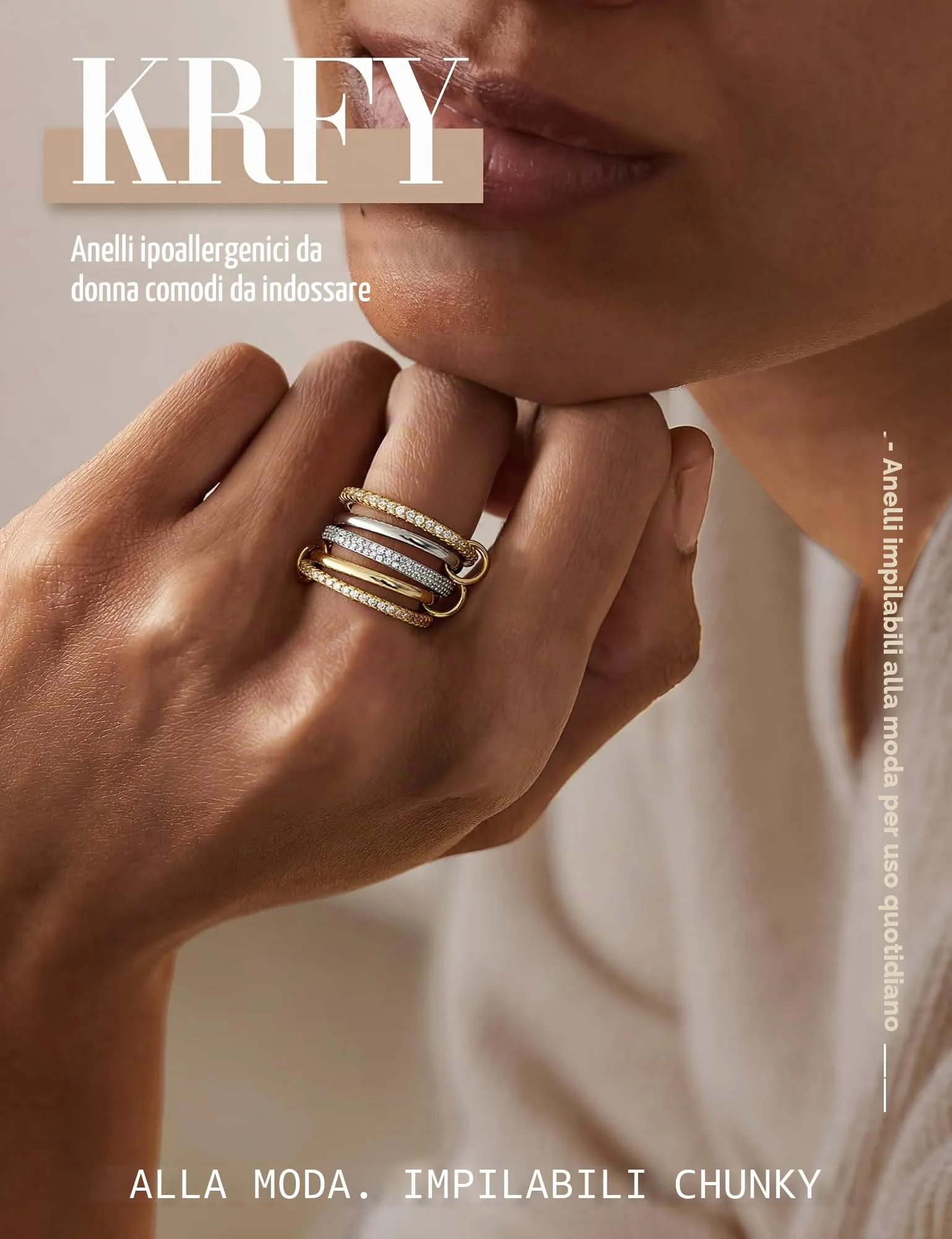 KRFY Set 5 Anelli Donna in Oro e Argento 14K Placcato Oro con Zirconia Cubica 5P8 - immagine 2
