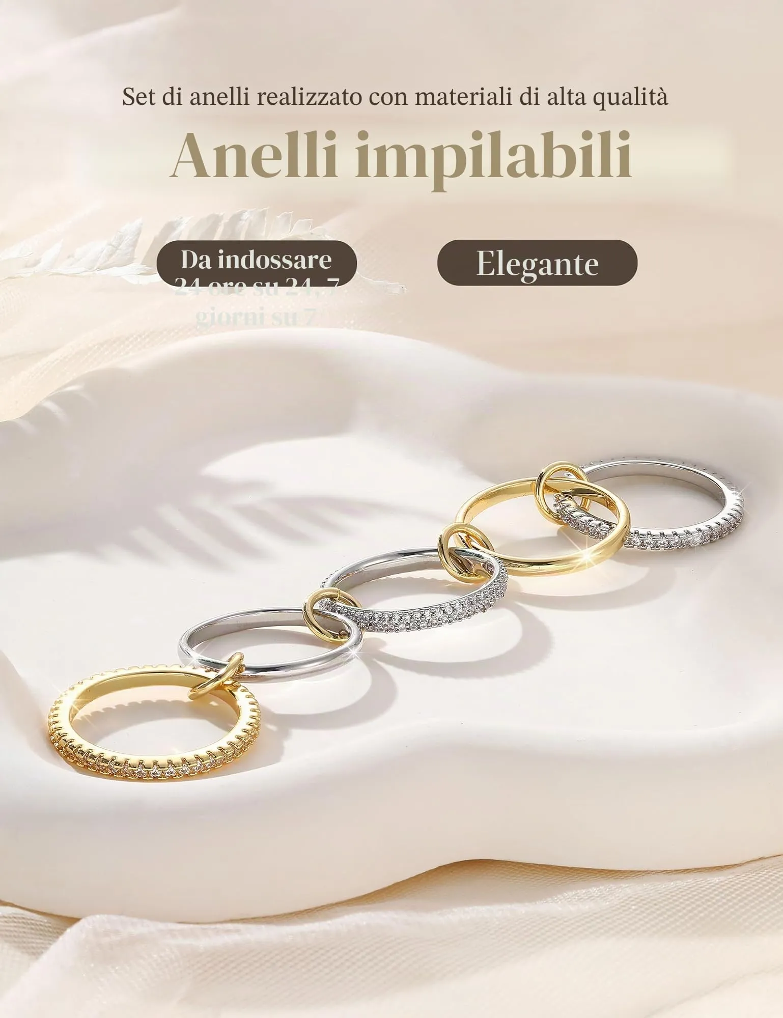 KRFY Set 5 Anelli Donna in Oro e Argento 14K Placcato Oro con Zirconia Cubica 5P8 - immagine 6
