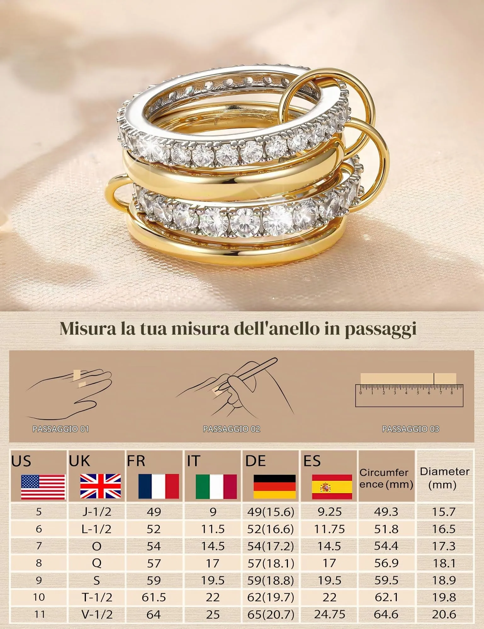 KRFY Set 4 Anelli Donna in 14K Placcato Oro e Argento con Zirconia Cubica, Impermeabili 4P11 - immagine 5