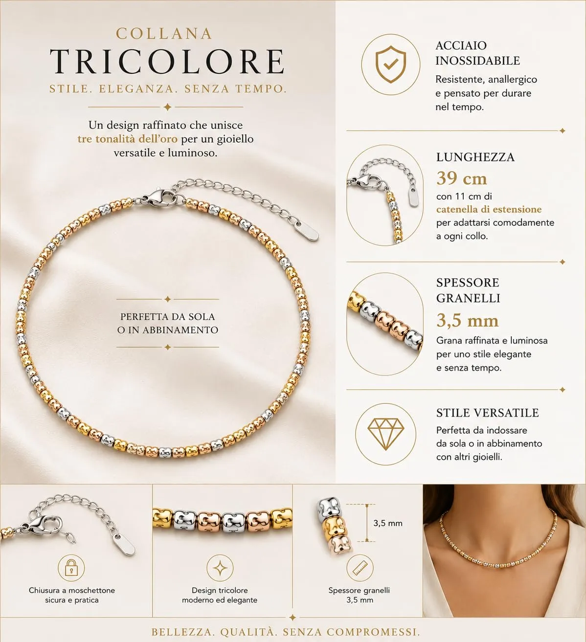 SAGA GIOIELLI Collana Unisex Tre Ori in Acciaio con Pepite Martellate, 5 mm - immagine 3