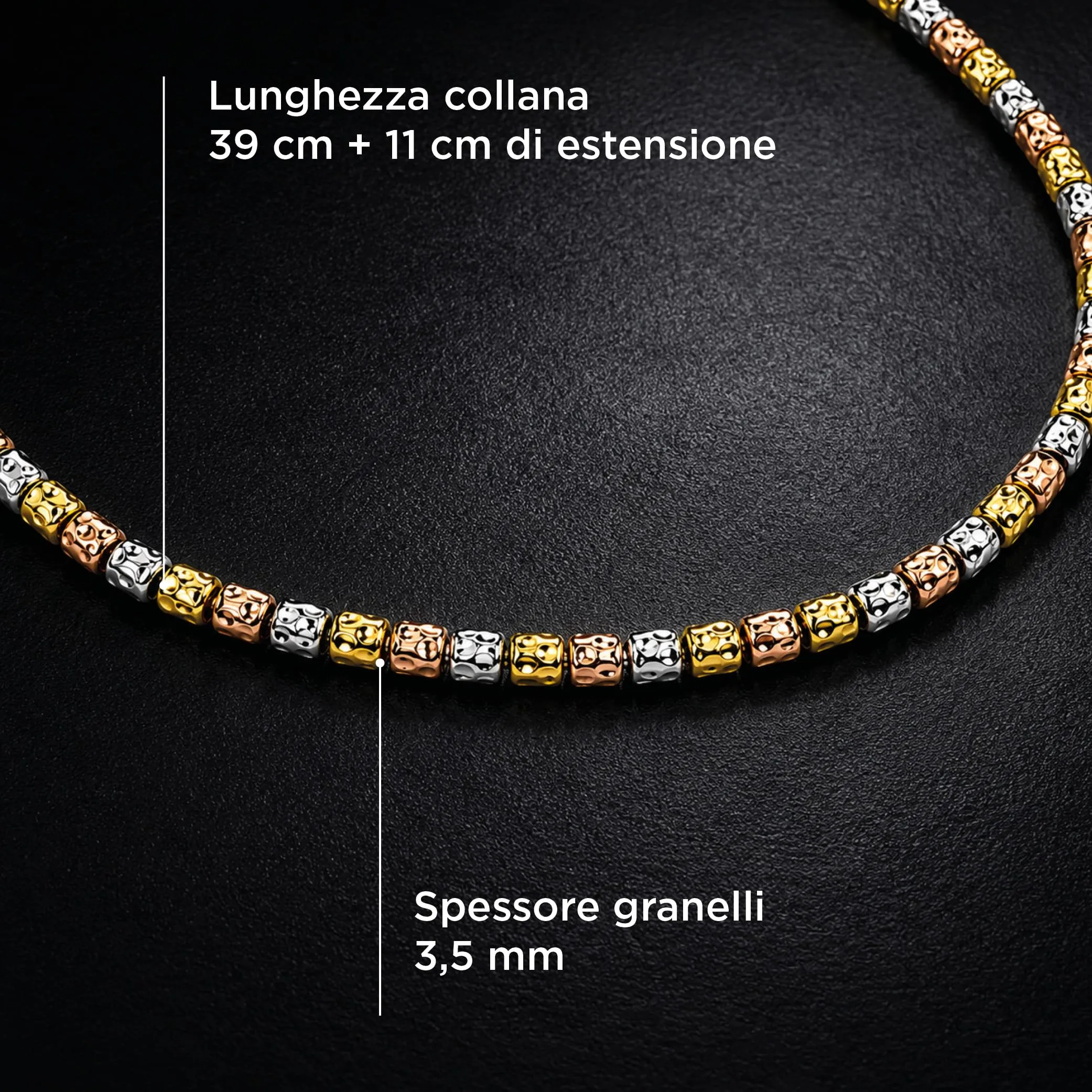 SAGA GIOIELLI Collana Unisex Tre Ori in Acciaio con Pepite Martellate, 5 mm - immagine 5