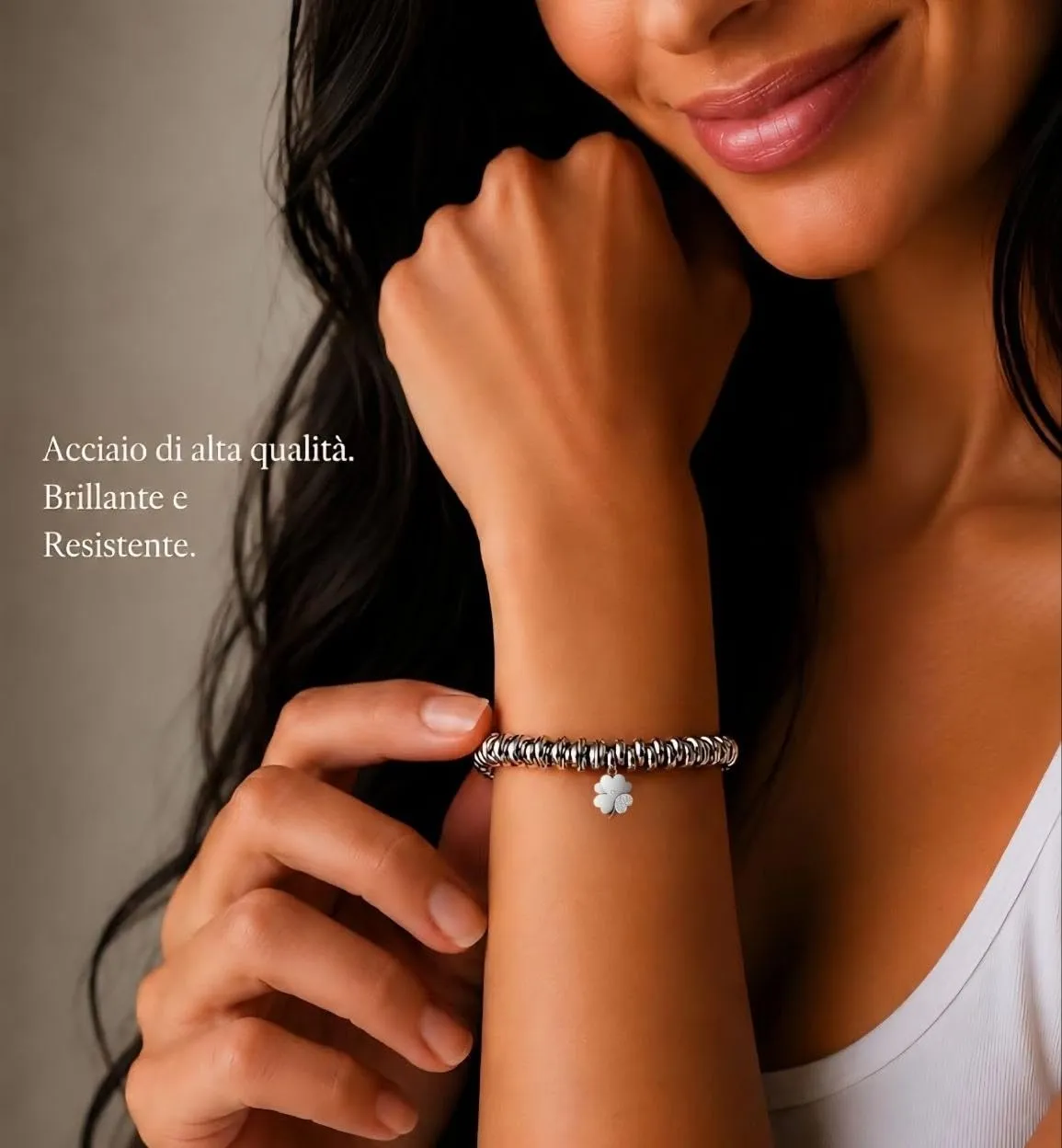 Dada Gioielli Bracciale Donna Anelli Intrecciati a Nodino con Ciondolo Quadrifoglio in Acciaio Inossidabile Nickel-Free - immagine 2