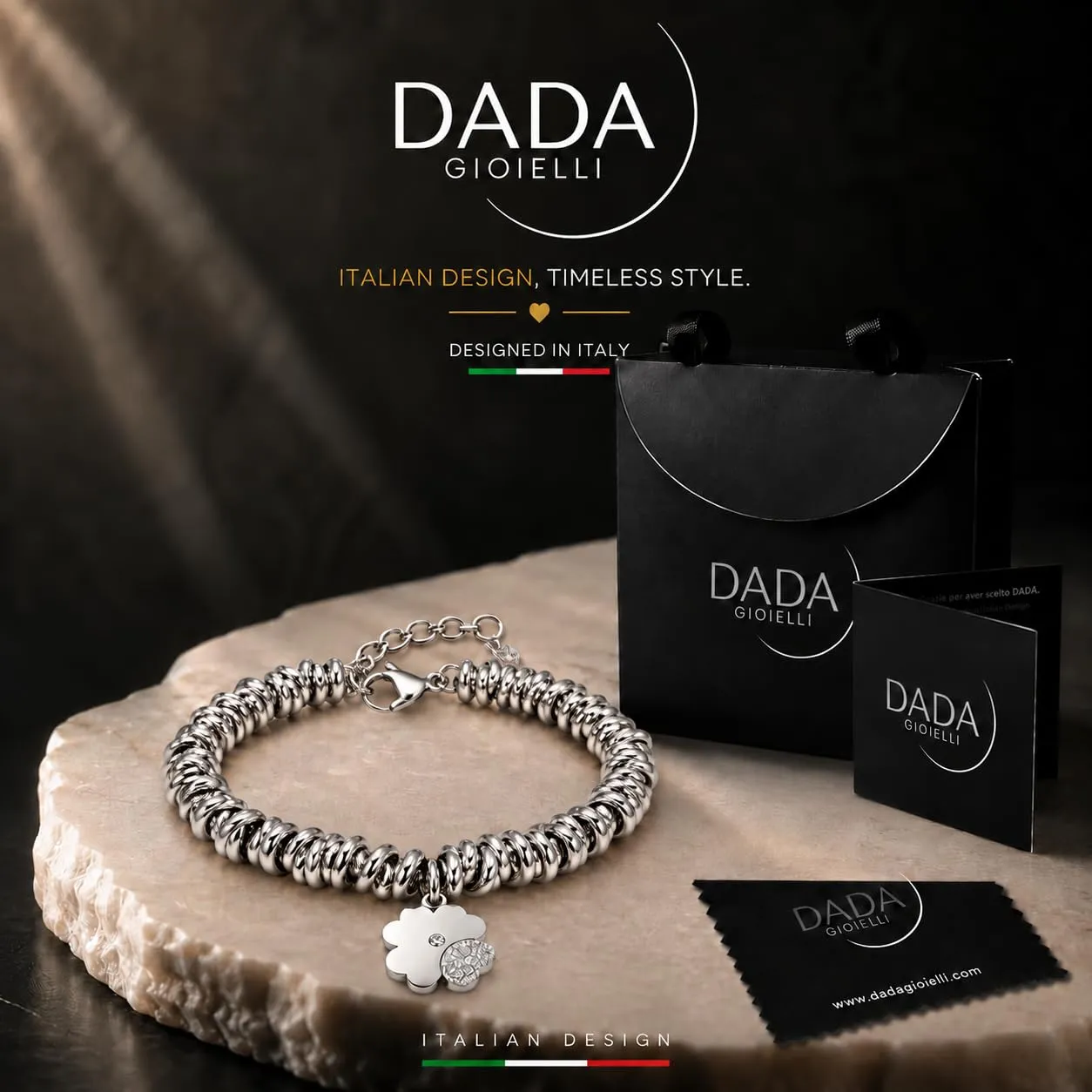 Dada Gioielli Bracciale Donna Anelli Intrecciati a Nodino con Ciondolo Quadrifoglio in Acciaio Inossidabile Nickel-Free - immagine 3
