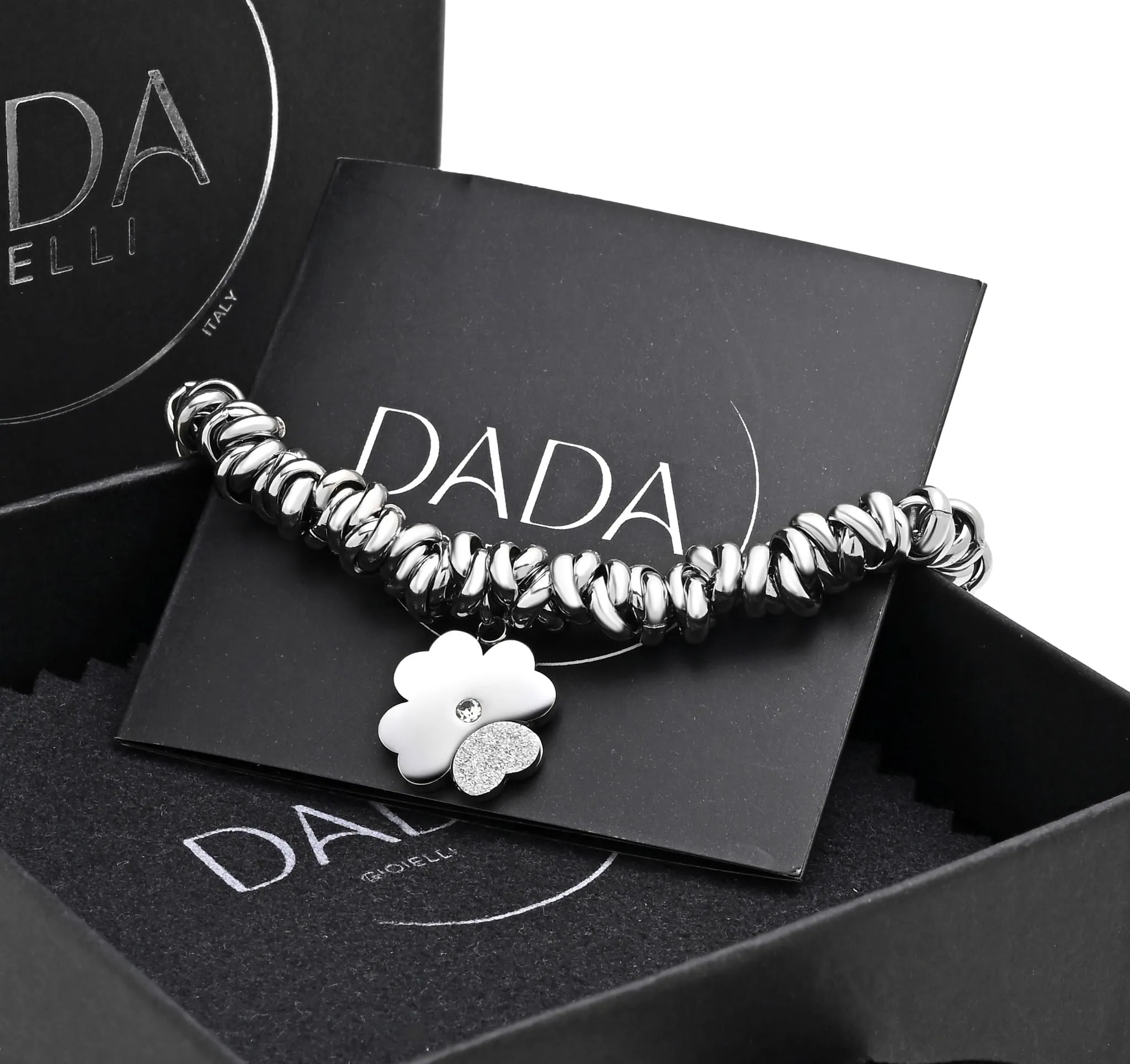 Dada Gioielli Bracciale Donna Anelli Intrecciati a Nodino con Ciondolo Quadrifoglio in Acciaio Inossidabile Nickel-Free - immagine 5