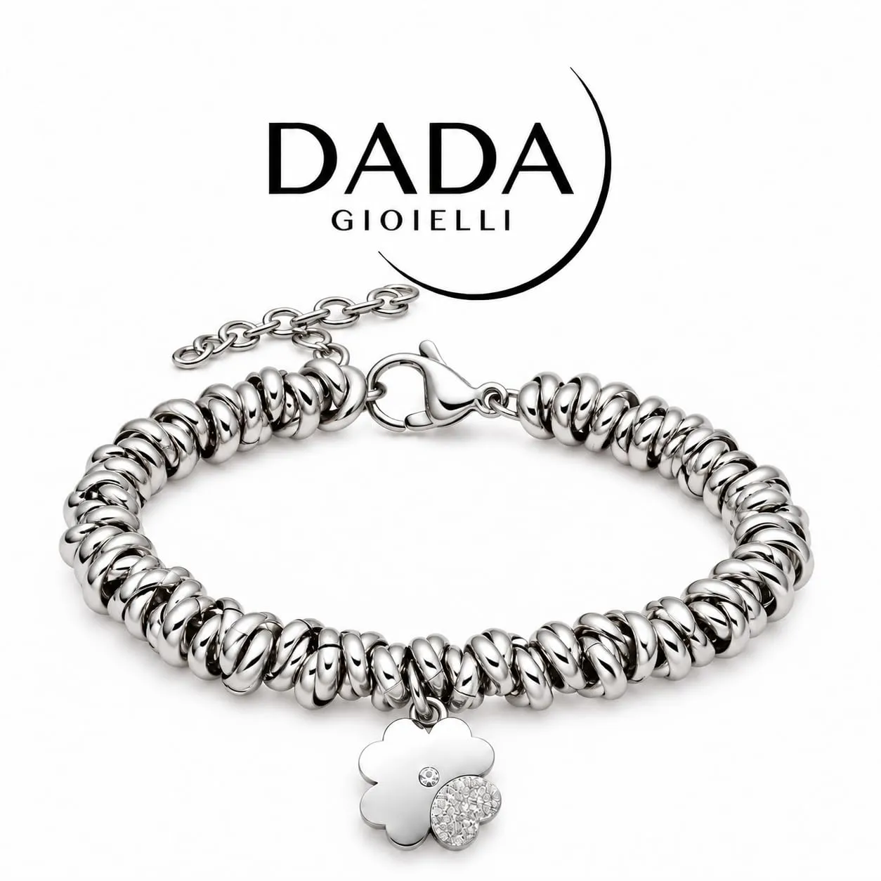 Dada Gioielli Bracciale Donna Anelli Intrecciati a Nodino con Ciondolo Quadrifoglio in Acciaio Inossidabile Nickel-Free - immagine 7