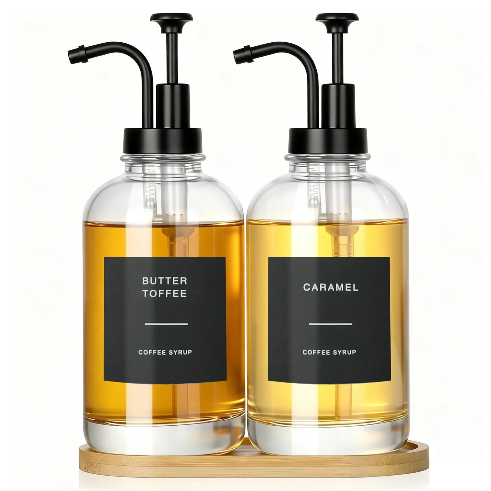 VINATO Distributore Sciroppo e Miele in Vetro, Set 2x500ml con Pompa, Vassoio in Bambù ed Etichette - immagine 1