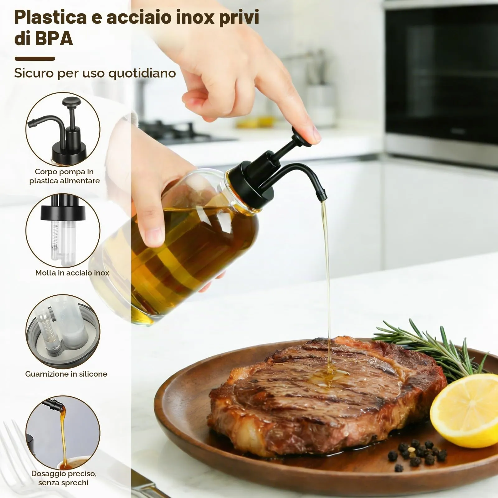 VINATO Distributore Sciroppo e Miele in Vetro, Set 2x500ml con Pompa, Vassoio in Bambù ed Etichette - immagine 2