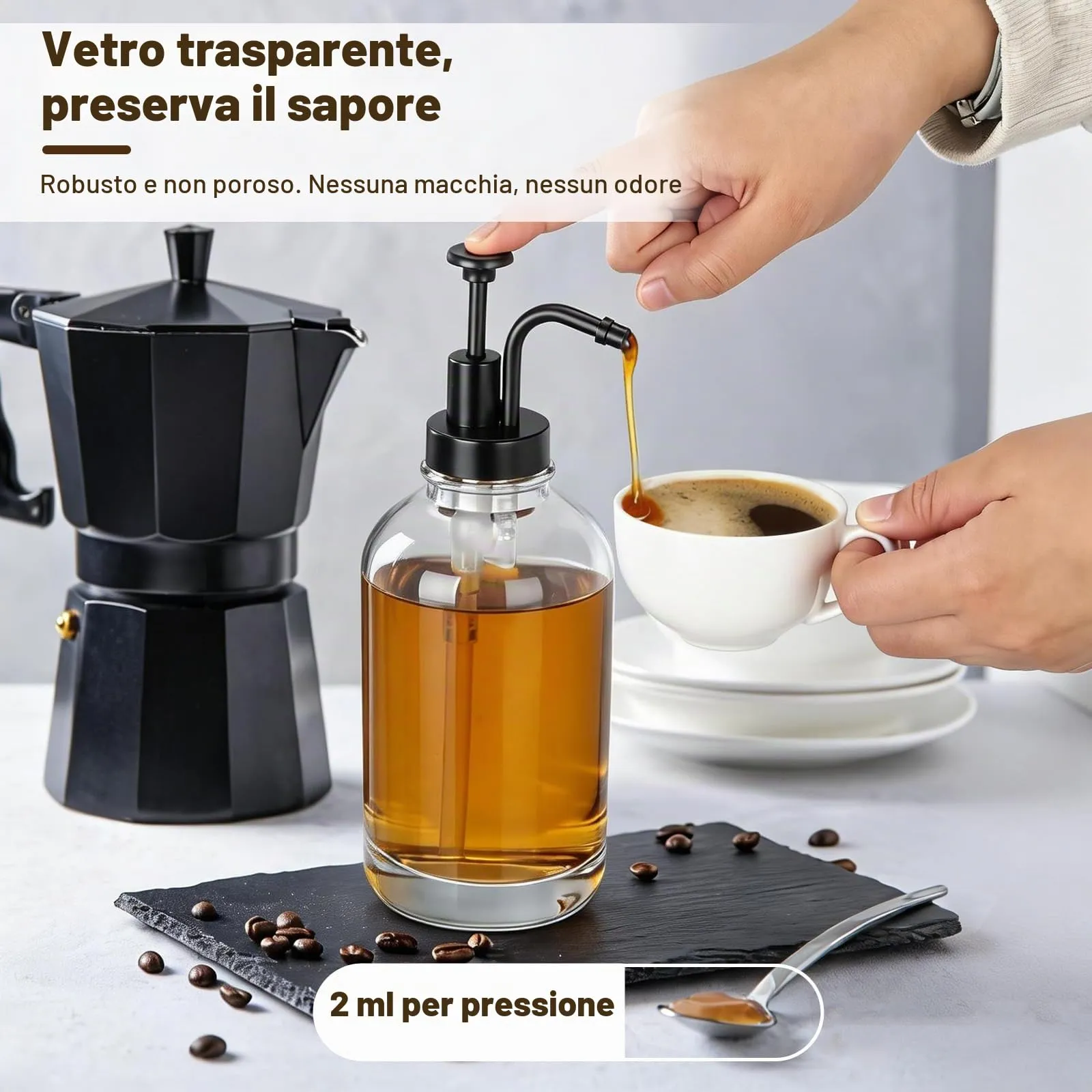 VINATO Distributore Sciroppo e Miele in Vetro, Set 2x500ml con Pompa, Vassoio in Bambù ed Etichette - immagine 3