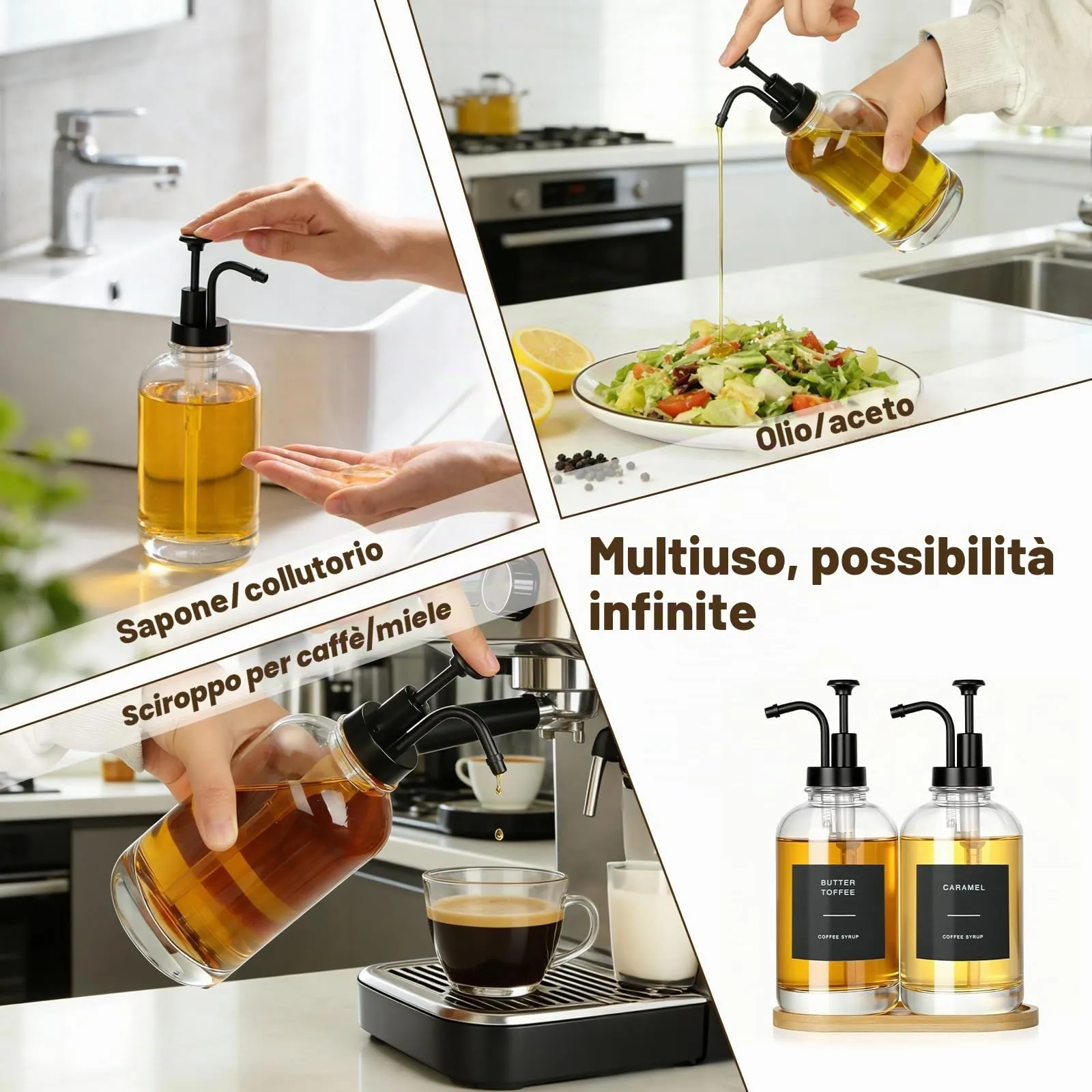 VINATO Distributore Sciroppo e Miele in Vetro, Set 2x500ml con Pompa, Vassoio in Bambù ed Etichette - immagine 4