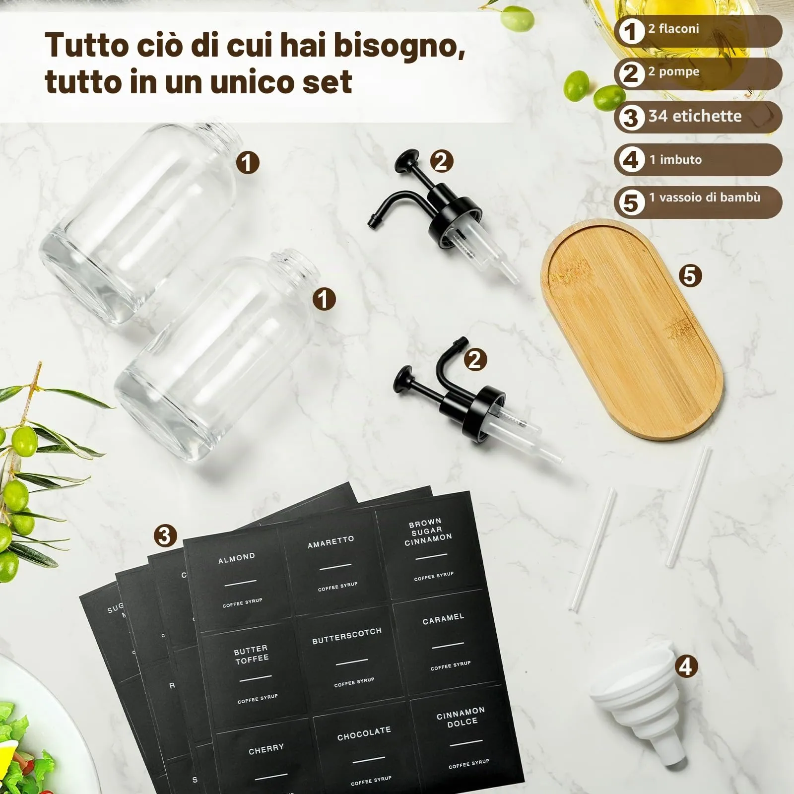 VINATO Distributore Sciroppo e Miele in Vetro, Set 2x500ml con Pompa, Vassoio in Bambù ed Etichette - immagine 5