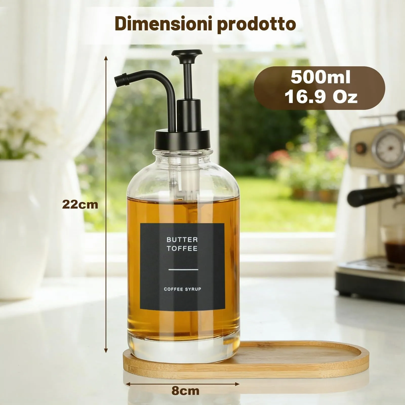 VINATO Distributore Sciroppo e Miele in Vetro, Set 2x500ml con Pompa, Vassoio in Bambù ed Etichette - immagine 6
