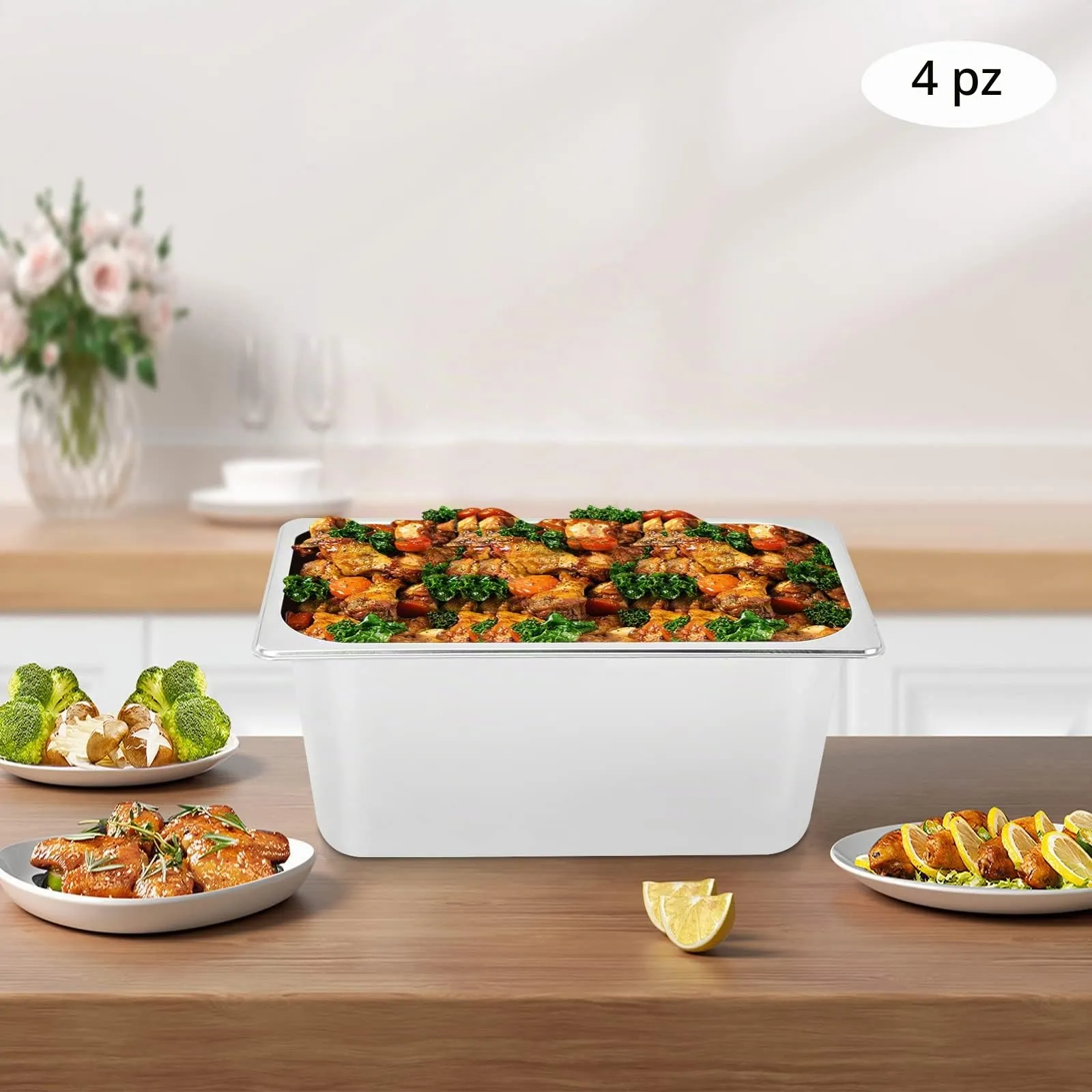 RjcdOPL Set di 4 vassoi GN 1/3 in acciaio inox, 5 l, 32,5 × 17,5 × 15 cm con coperchio - immagine 2