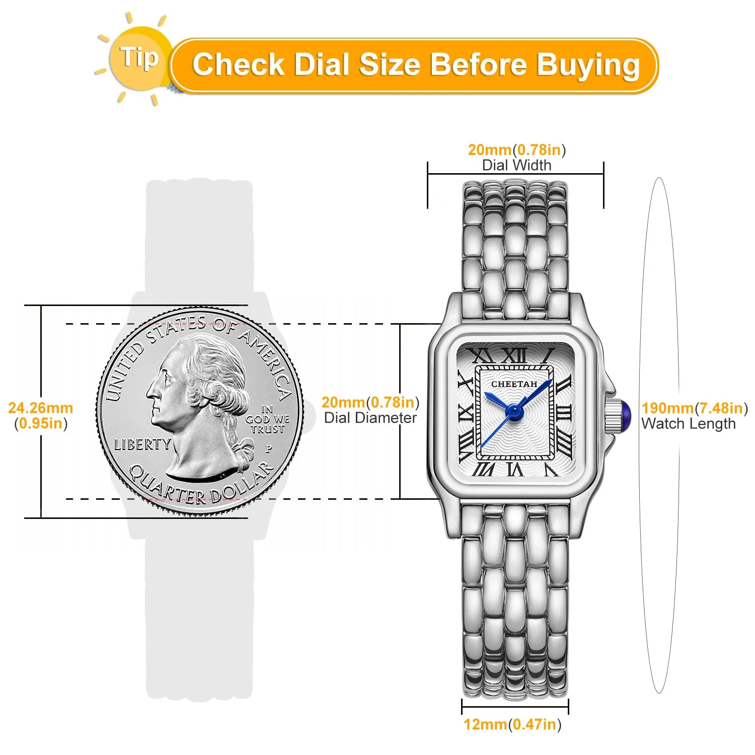 CHEETAH Orologio Donna Analogico al Quarzo Cassa Rettangolare Quadrante Romano Impermeabile - Bianco Argentato - immagine 3