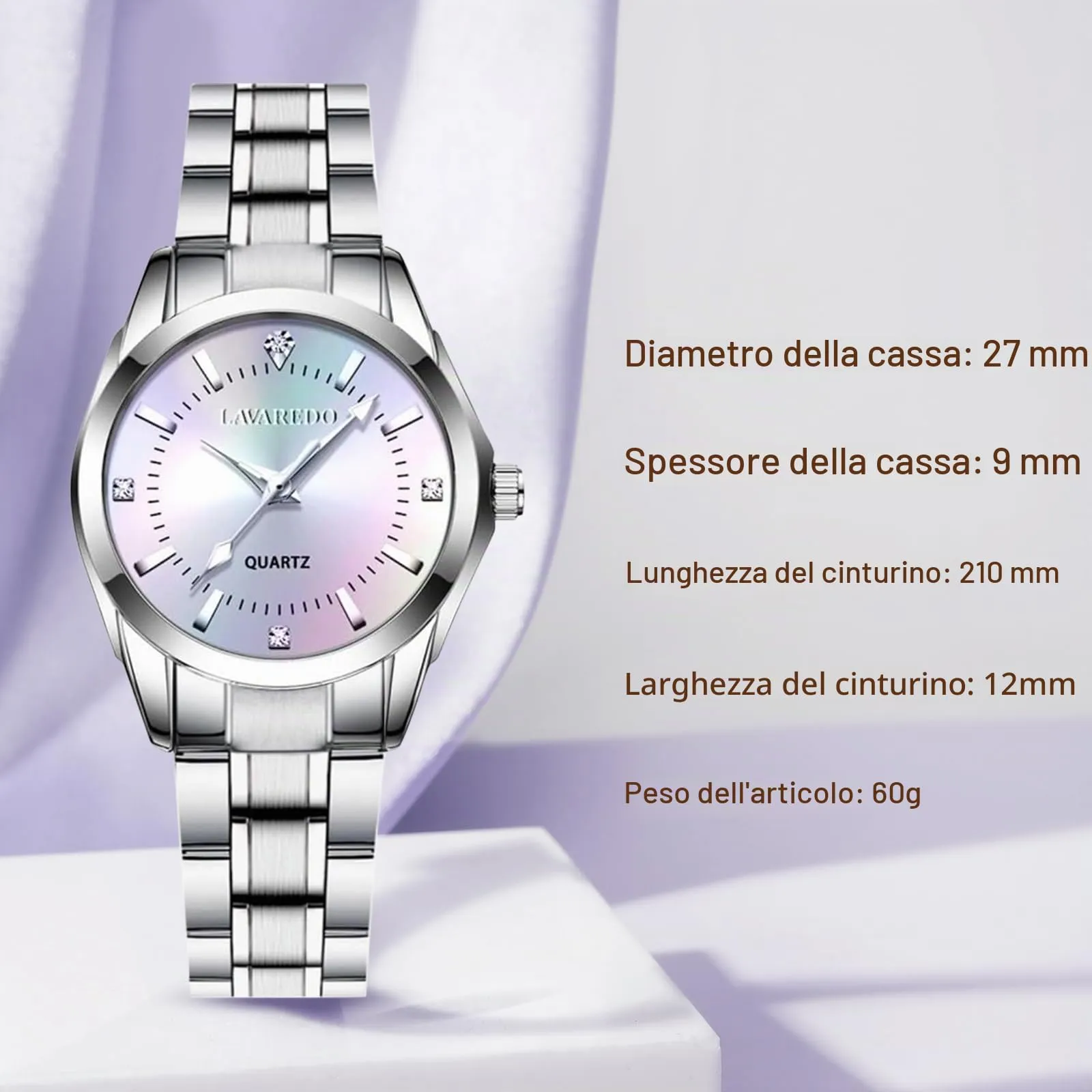 aswan watch Orologio al Quarzo Donna in Acciaio con Diamanti, Luminoso, 29,5 mm - immagine 6