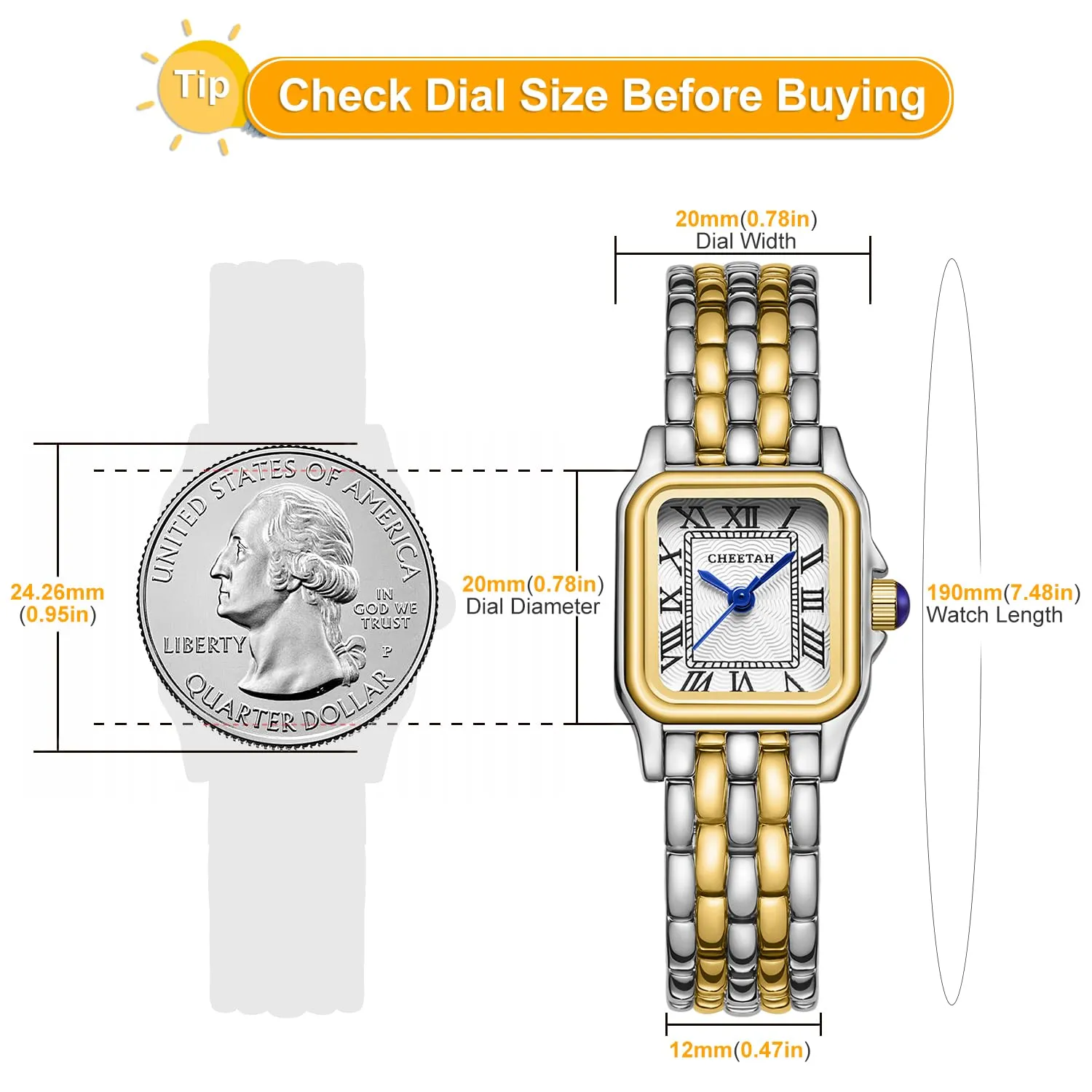 CHEETAH Orologio Donna Analogico al Quarzo con Bracciale Vintage, Cassa Rettangolare, Quadrante Romano, Impermeabile - Argento Oro Bianco - immagine 3