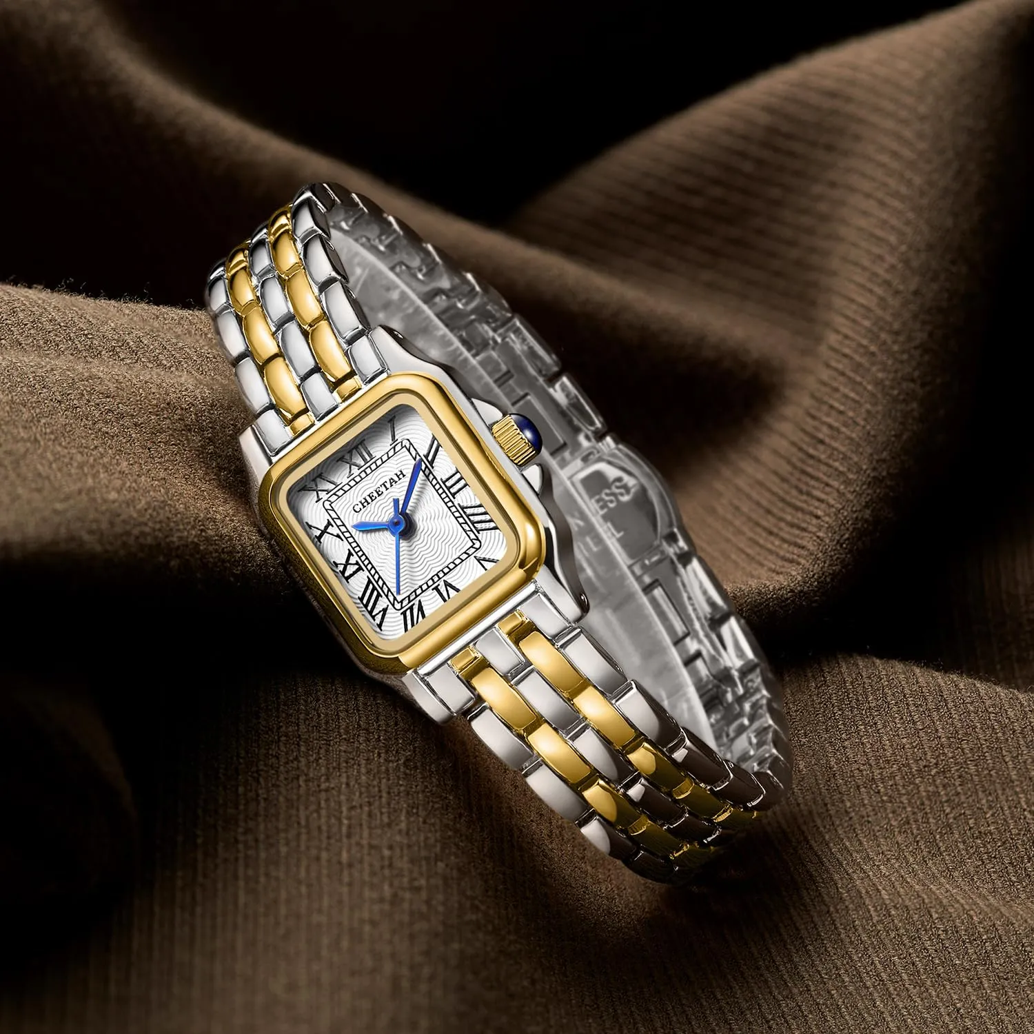 CHEETAH Orologio Donna Analogico al Quarzo con Bracciale Vintage, Cassa Rettangolare, Quadrante Romano, Impermeabile - Argento Oro Bianco - immagine 4