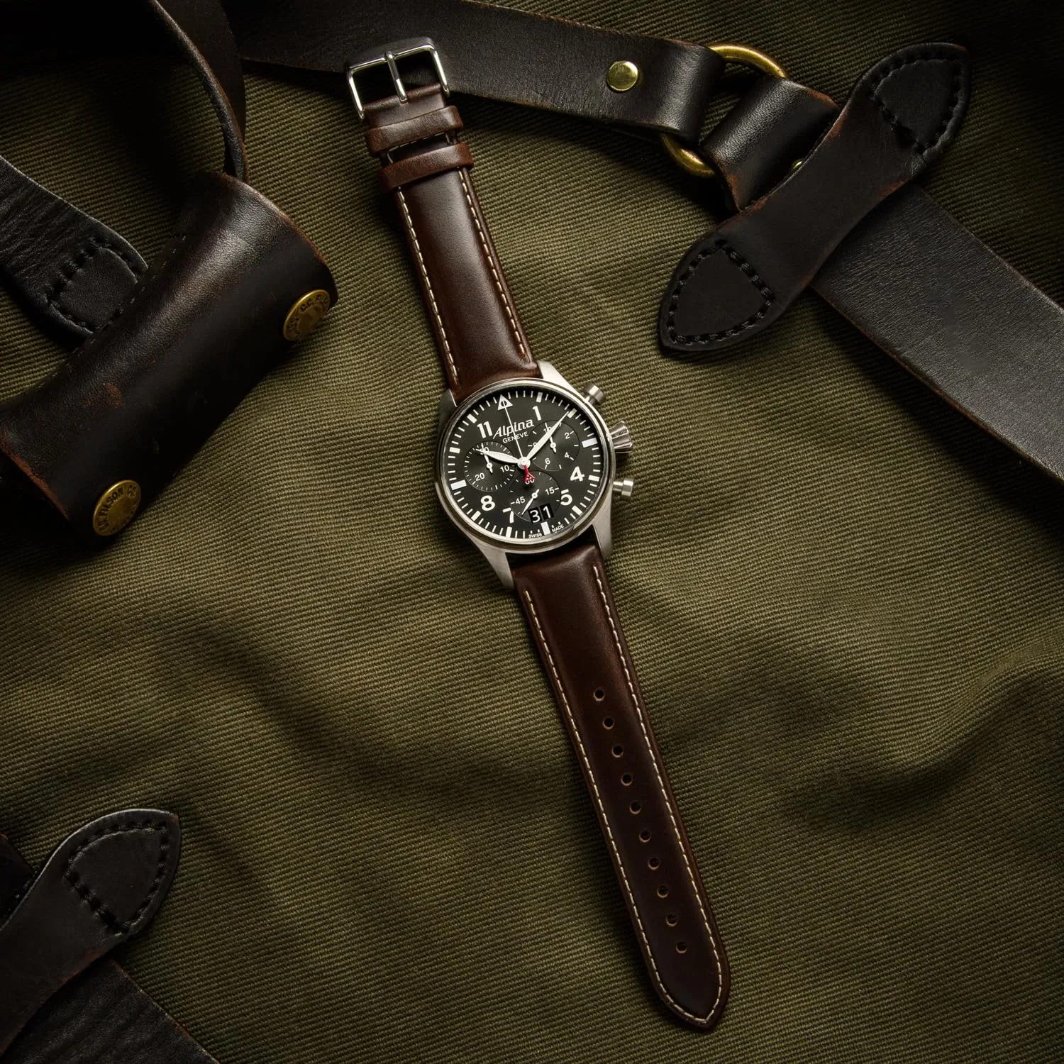 Archer Watch Straps Cinturini in Pelle Pieno Fiore a Sgancio Rapido, Castano Scuro con Cucitura Bianco Naturale, 20mm - immagine 2