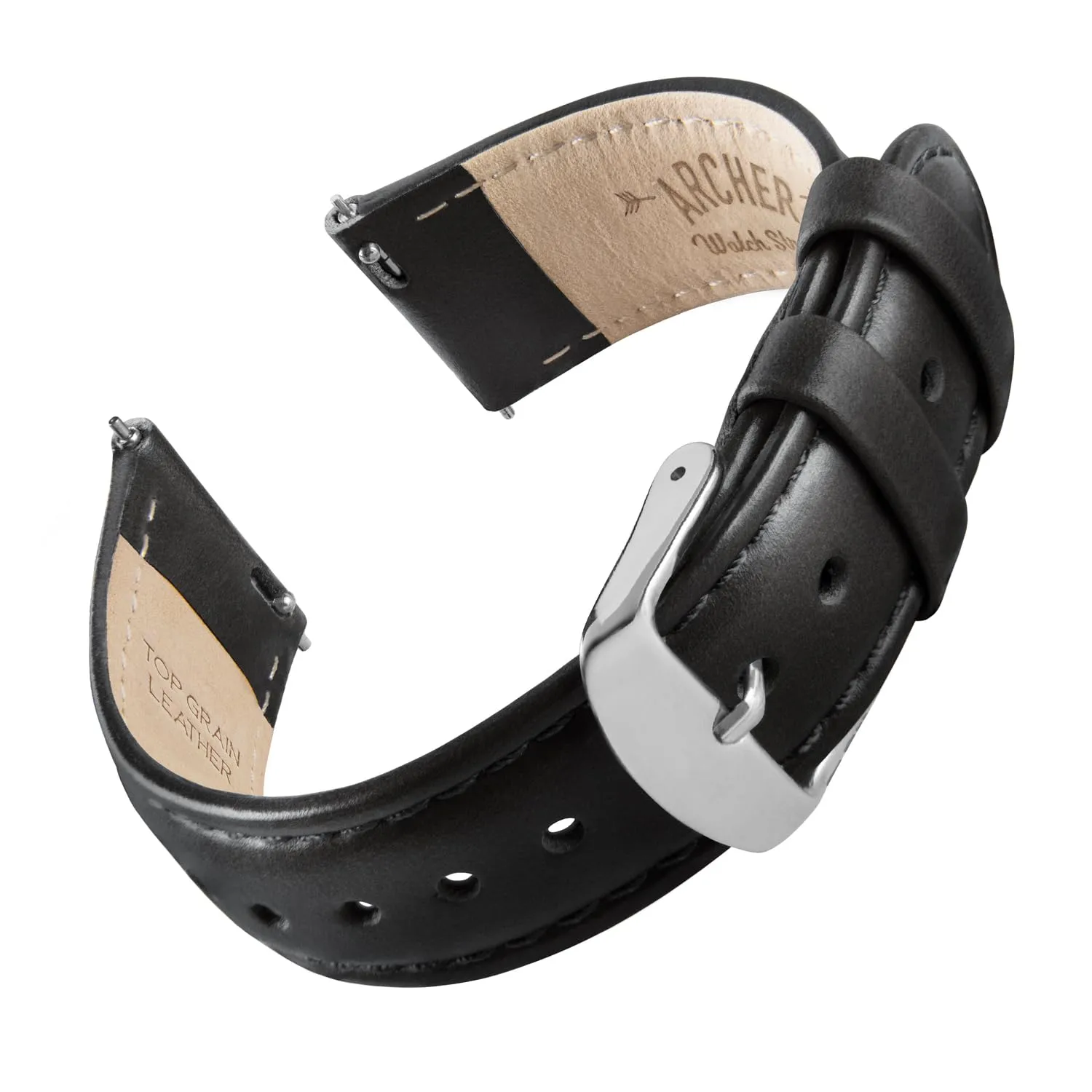 Archer Watch Straps Cinturino in Pelle Pieno Fiore a Sgancio Rapido, Nero/Cucitura Abbinata, 20mm - immagine 1