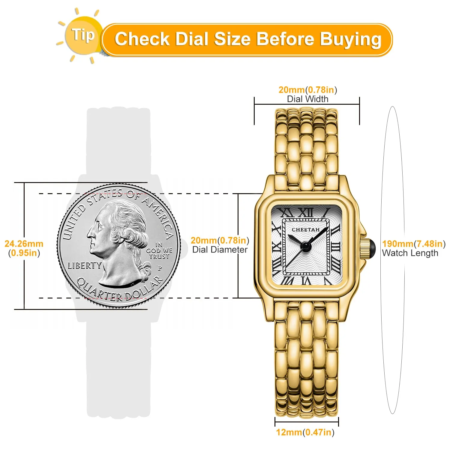 CHEETAH Orologio Donna Analogico al Quarzo Cassa Rettangolare Quadrante Romano Impermeabile 3ATM - Oro Bianco - immagine 3