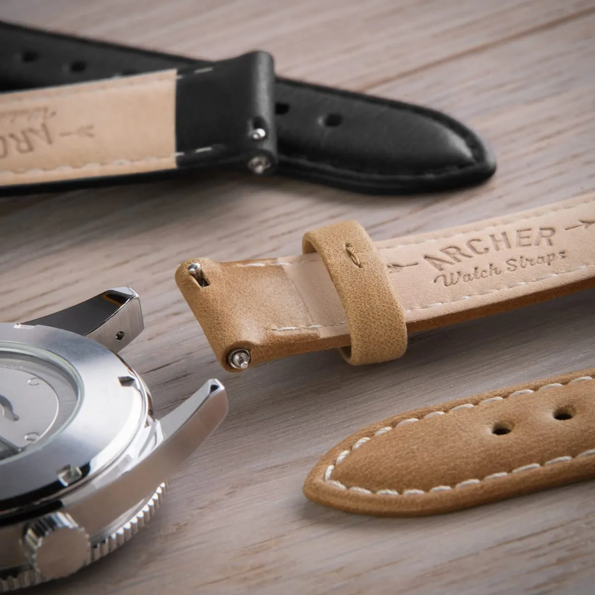 Archer Watch Straps Cinturini per Orologi a Sgancio Rapido in Pelle Pieno Fiore, Cammello Marrone Chiaro/Cucitura Bianco Naturale, 20mm - immagine 2
