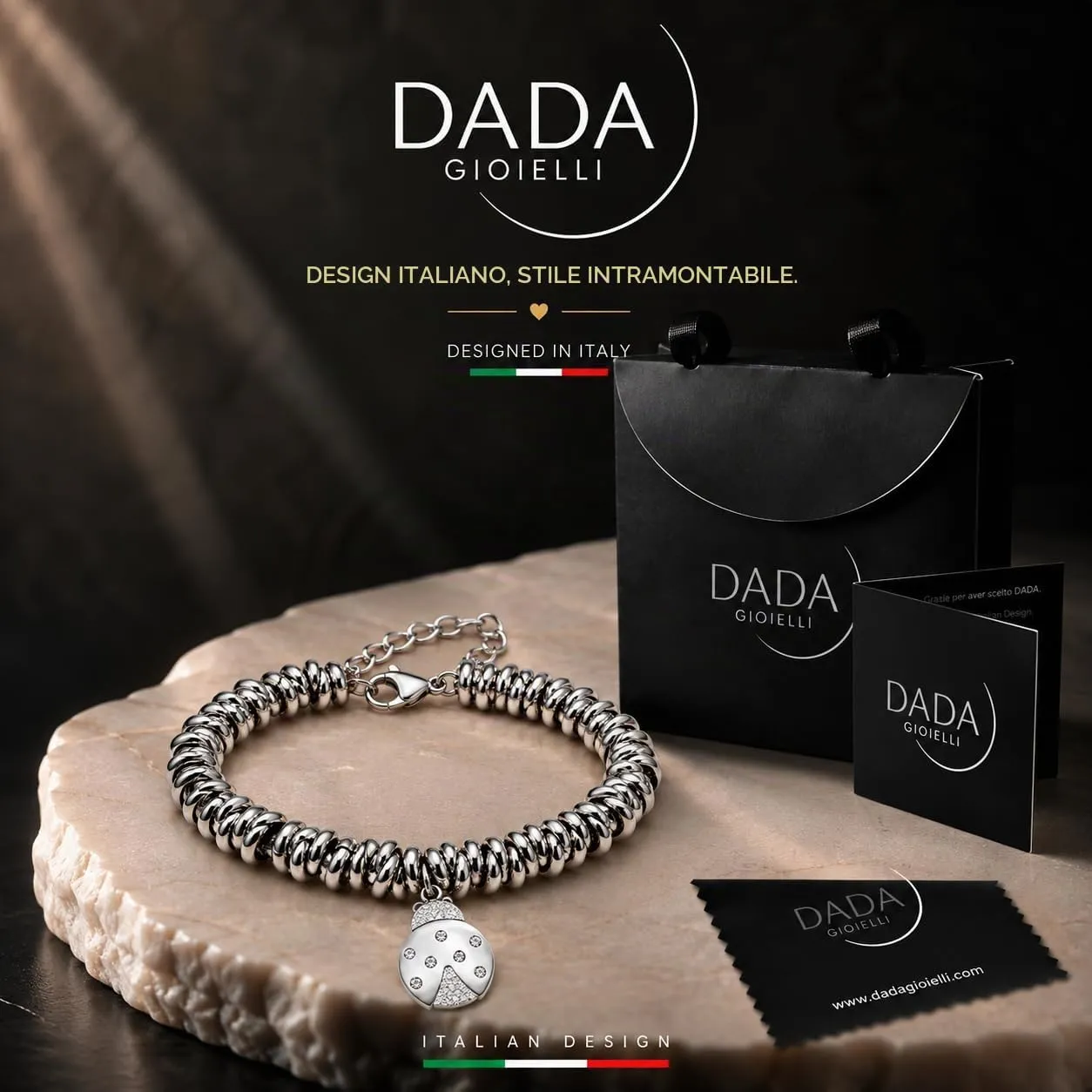 Dada Gioielli Bracciale Donna Anelli Intrecciati a Nodino con Ciondolo Coccinella in Acciaio Inossidabile Nickel-Free - immagine 3