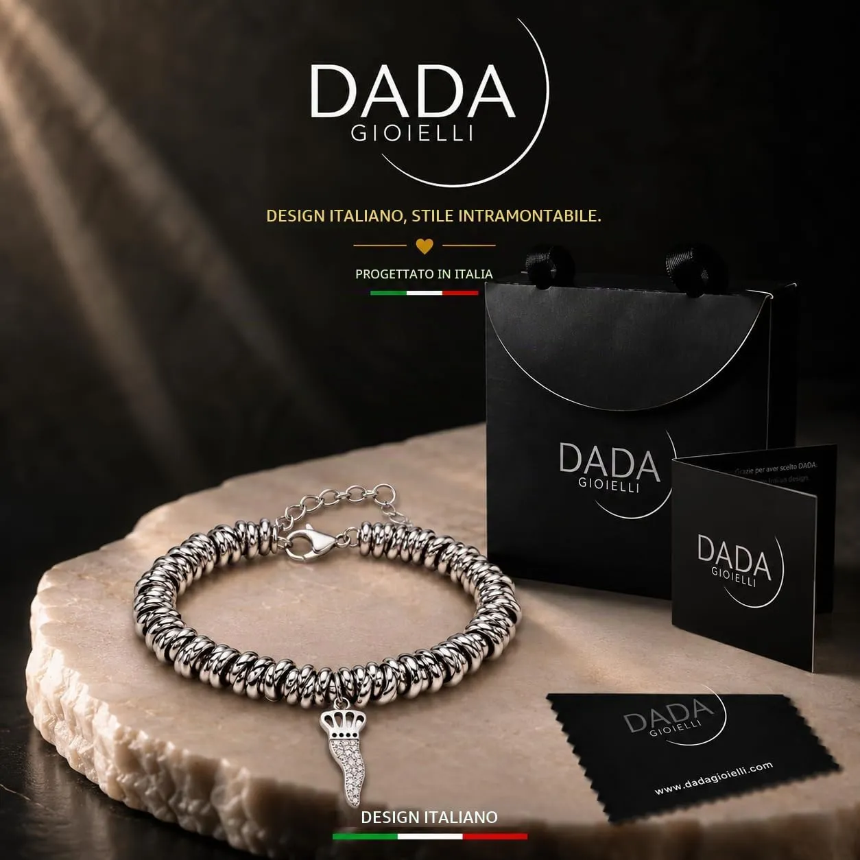 Dada Gioielli Bracciale Donna con Anelli Intrecciati a Nodino e Ciondolo Cornetto Italiano in Acciaio Inossidabile Nickel-Free - immagine 3