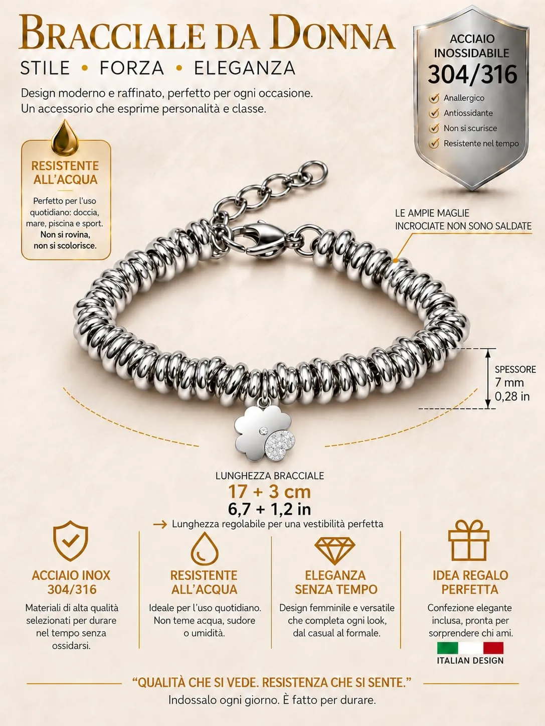 Dada Gioielli Bracciale Donna Anelli Intrecciati a Nodino con Ciondolo Elefante, Acciaio Inossidabile Nickel-Free - immagine 4
